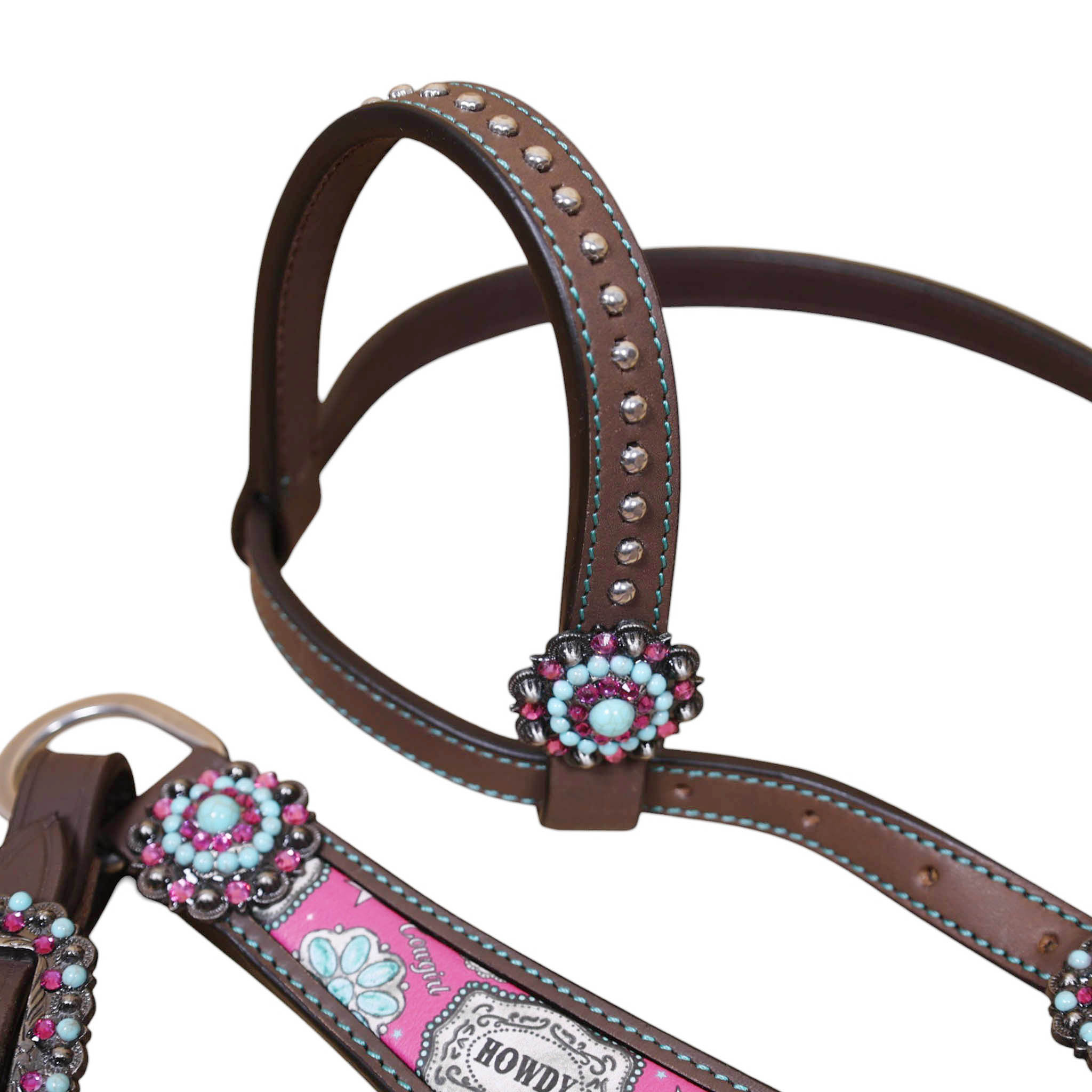 Leather One Ear Headstall Set decorated with a howdy print overlay, silver studs, and large bling conchos.(HSBM 114507) - Image 8