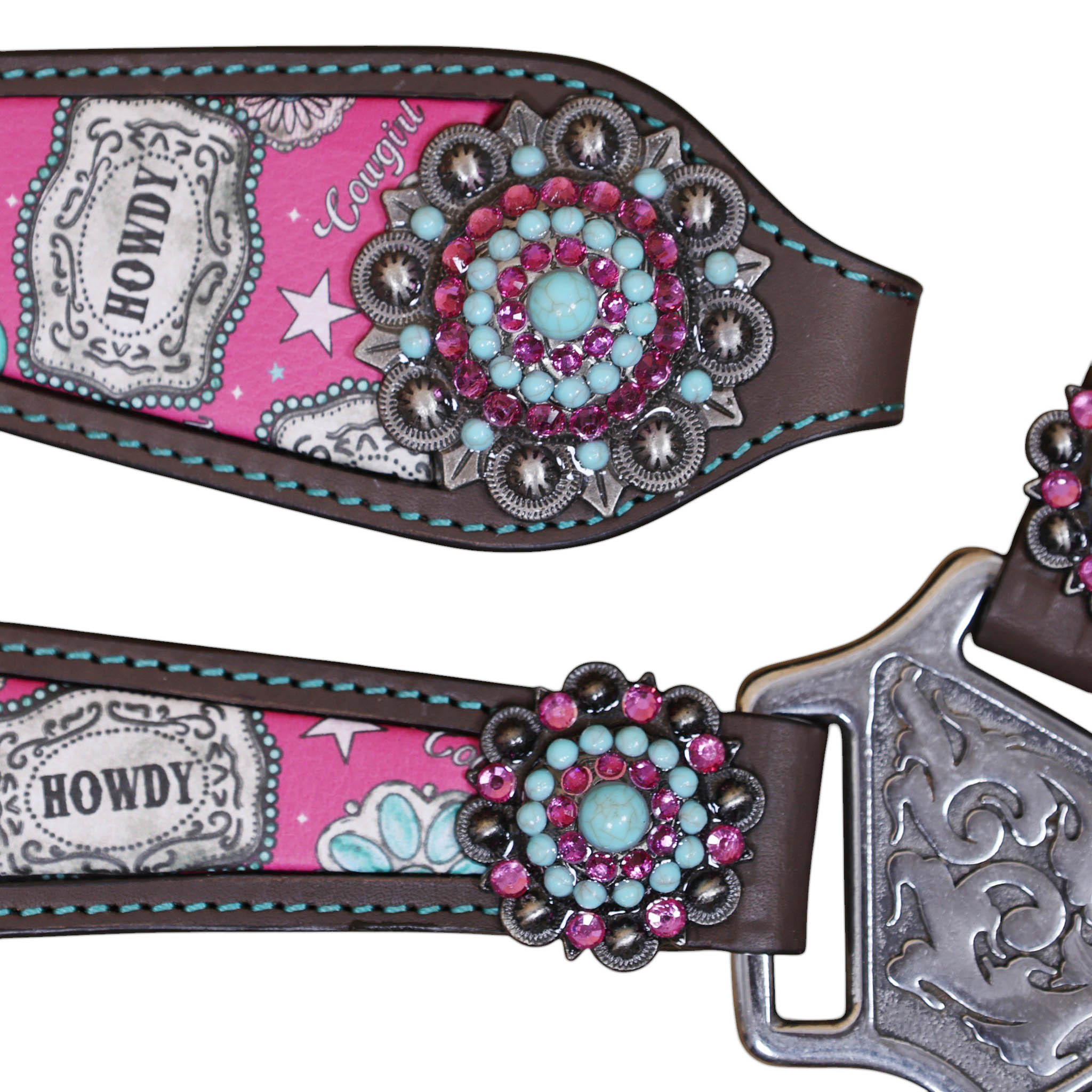 Leather One Ear Headstall Set decorated with a howdy print overlay, silver studs, and large bling conchos.(HSBM 114507) - Image 9