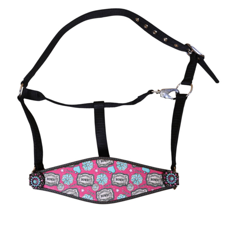 Pink howdy Western Bronc Halter With Black Nylon ,Nickel Plated Fitting and Turquoise concho (BHM 2713163)