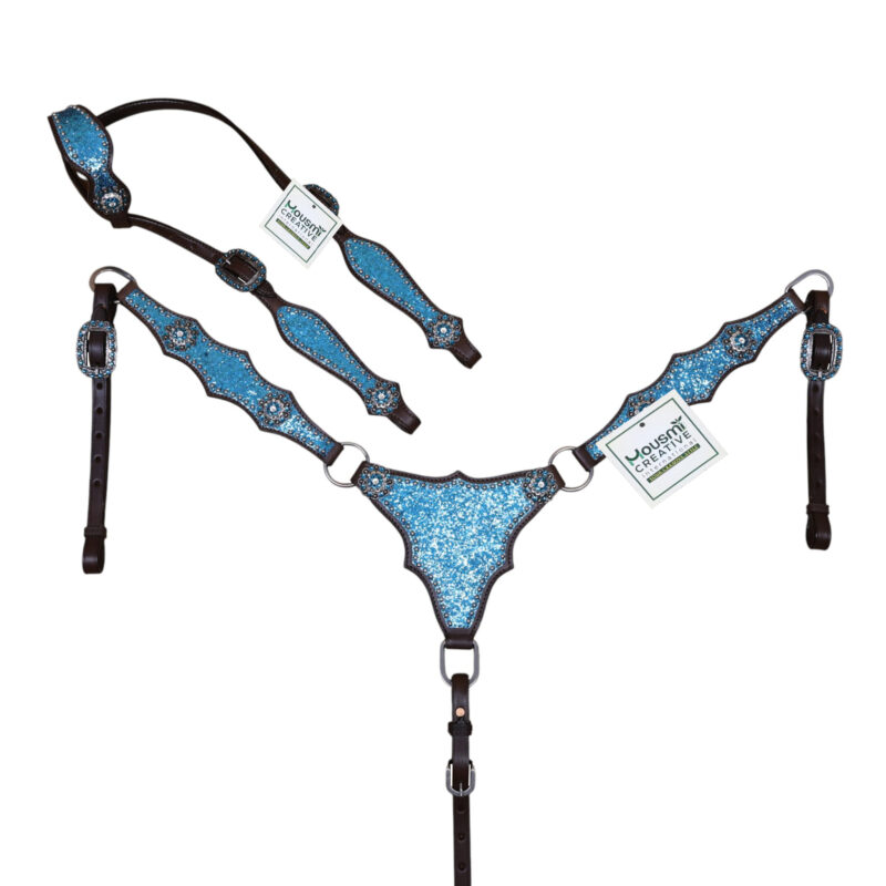 Western Headstall Set With Teal Glitter Big Chunk Sparkles and Bling Rhinestone Conchos (HSBM 114530)