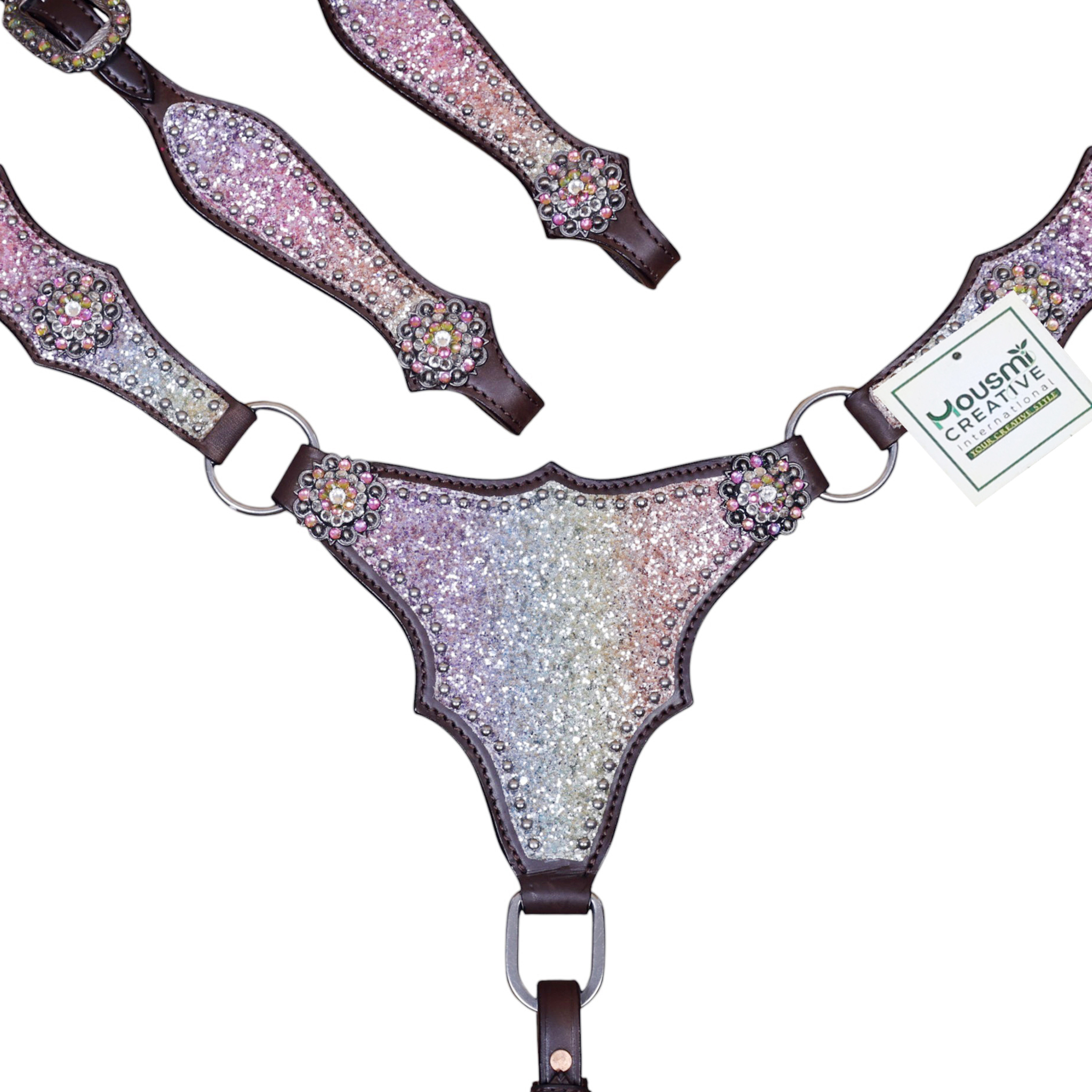 Western Headstall Tack Set with Rainbow Glitter Big Chunk Sparkles and Bling Rhinestone Conchos (HSBM 114531) - Image 2