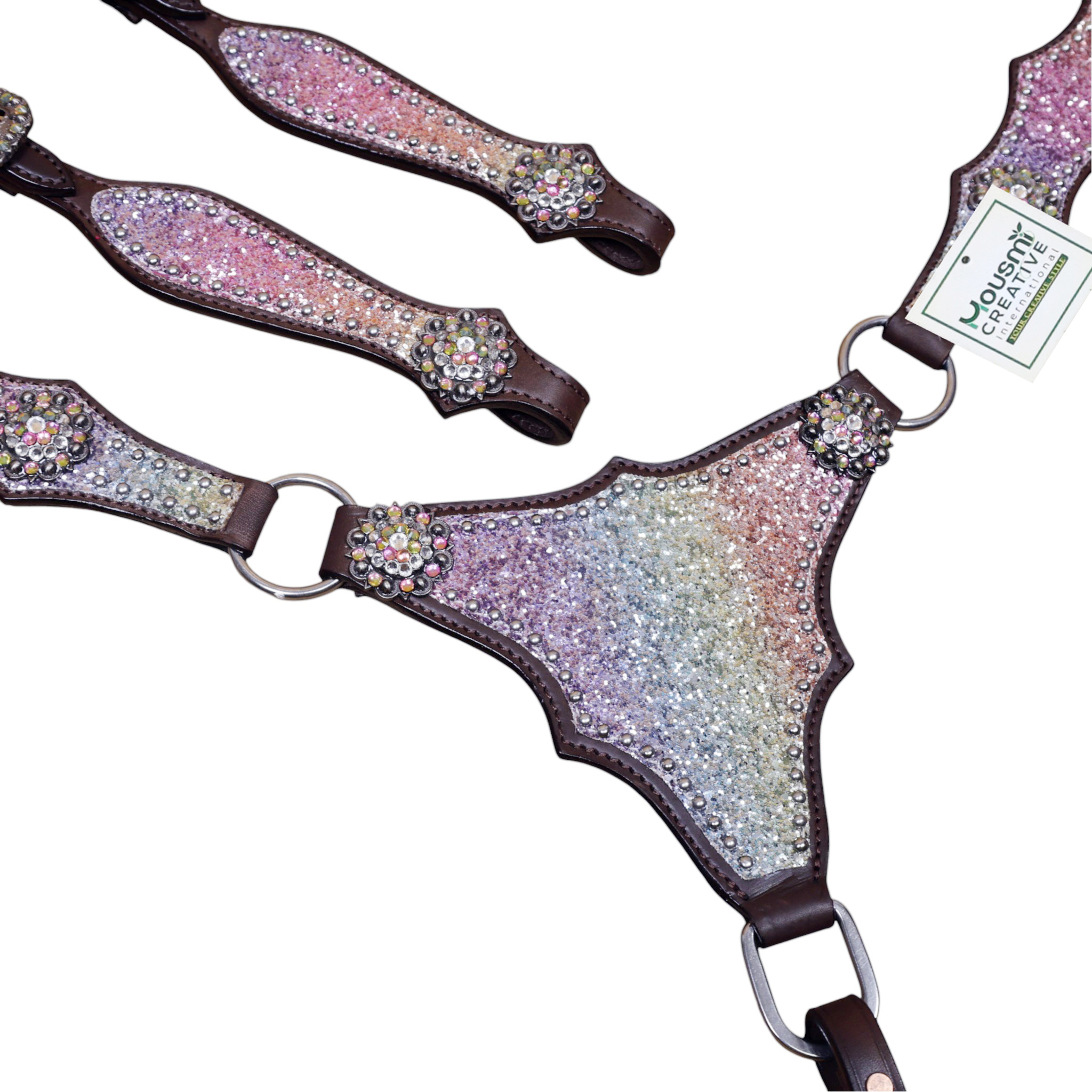 Western Headstall Tack Set with Rainbow Glitter Big Chunk Sparkles and Bling Rhinestone Conchos (HSBM 114531) - Image 3
