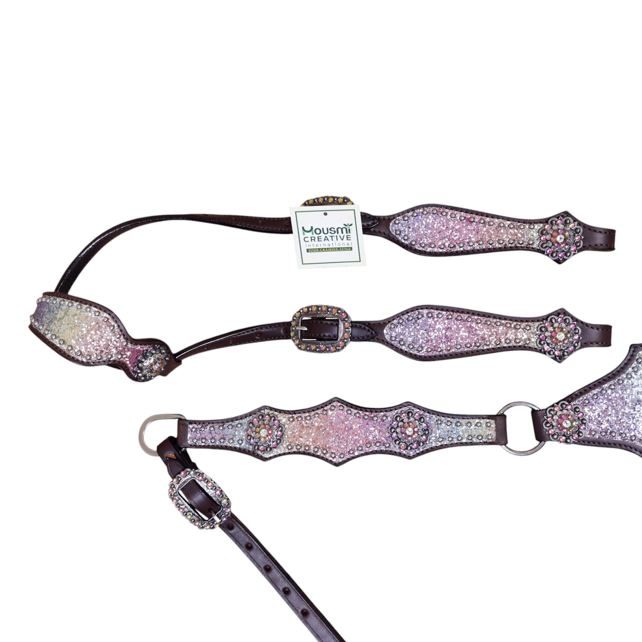Western Headstall Tack Set with Rainbow Glitter Big Chunk Sparkles and Bling Rhinestone Conchos (HSBM 114531) - Image 4