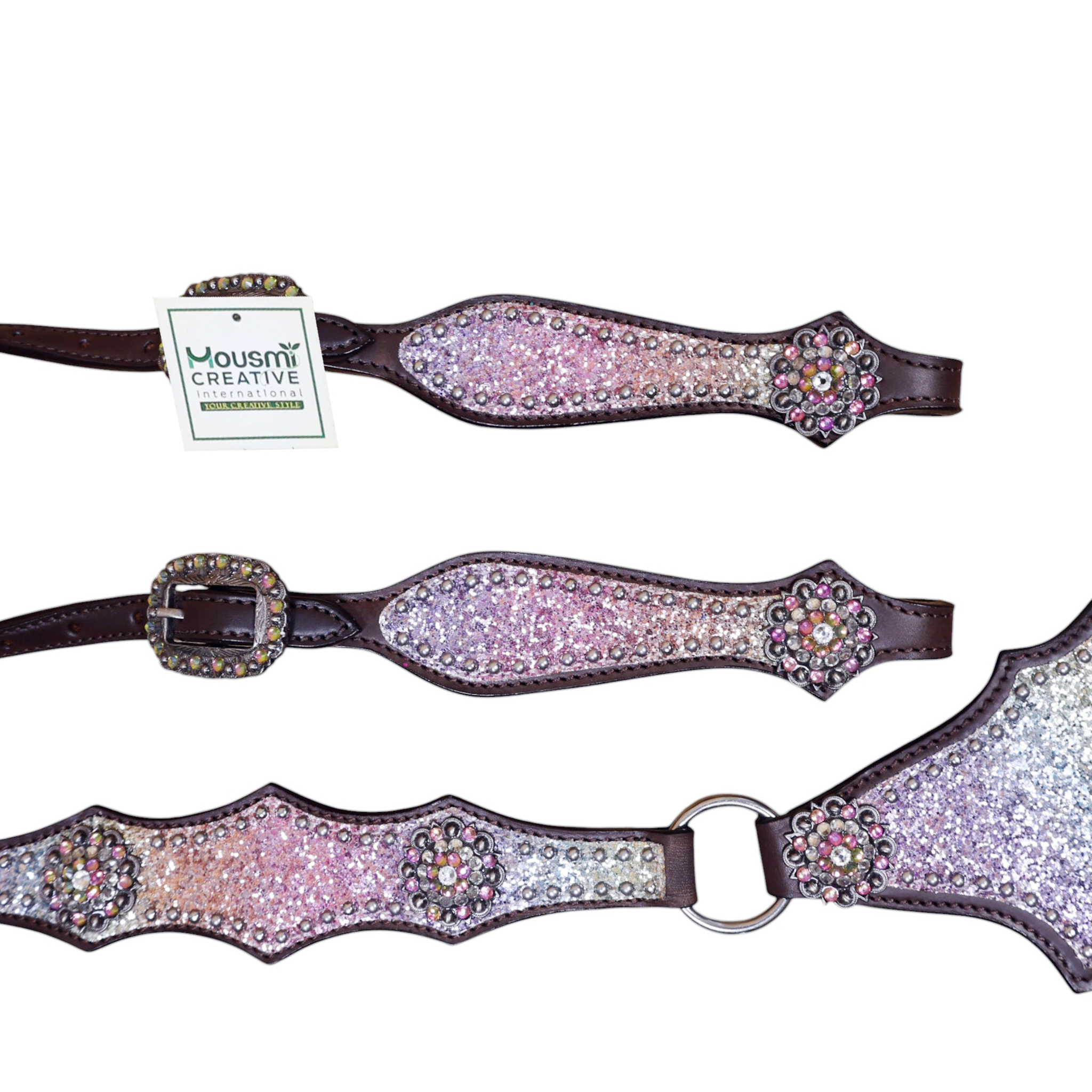 Western Headstall Tack Set with Rainbow Glitter Big Chunk Sparkles and Bling Rhinestone Conchos (HSBM 114531) - Image 5