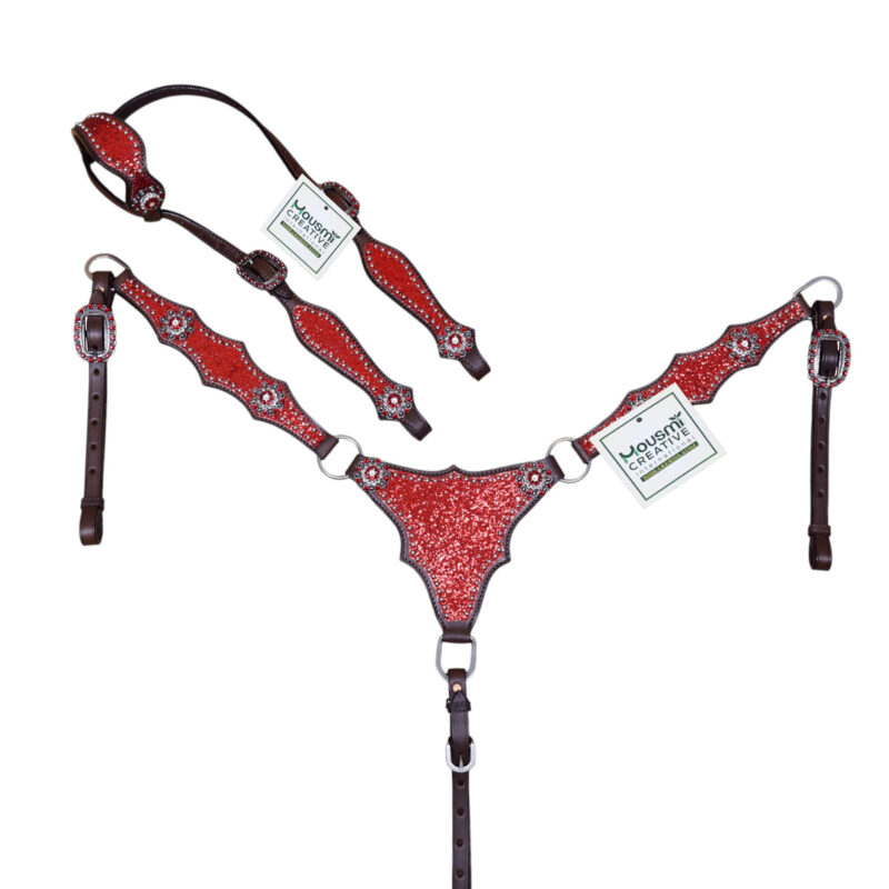 Western Breast collar Tack set with Red Glitter Big Chunk Sparkles and Bling Rhinestone Conchos (HSBM 114532)