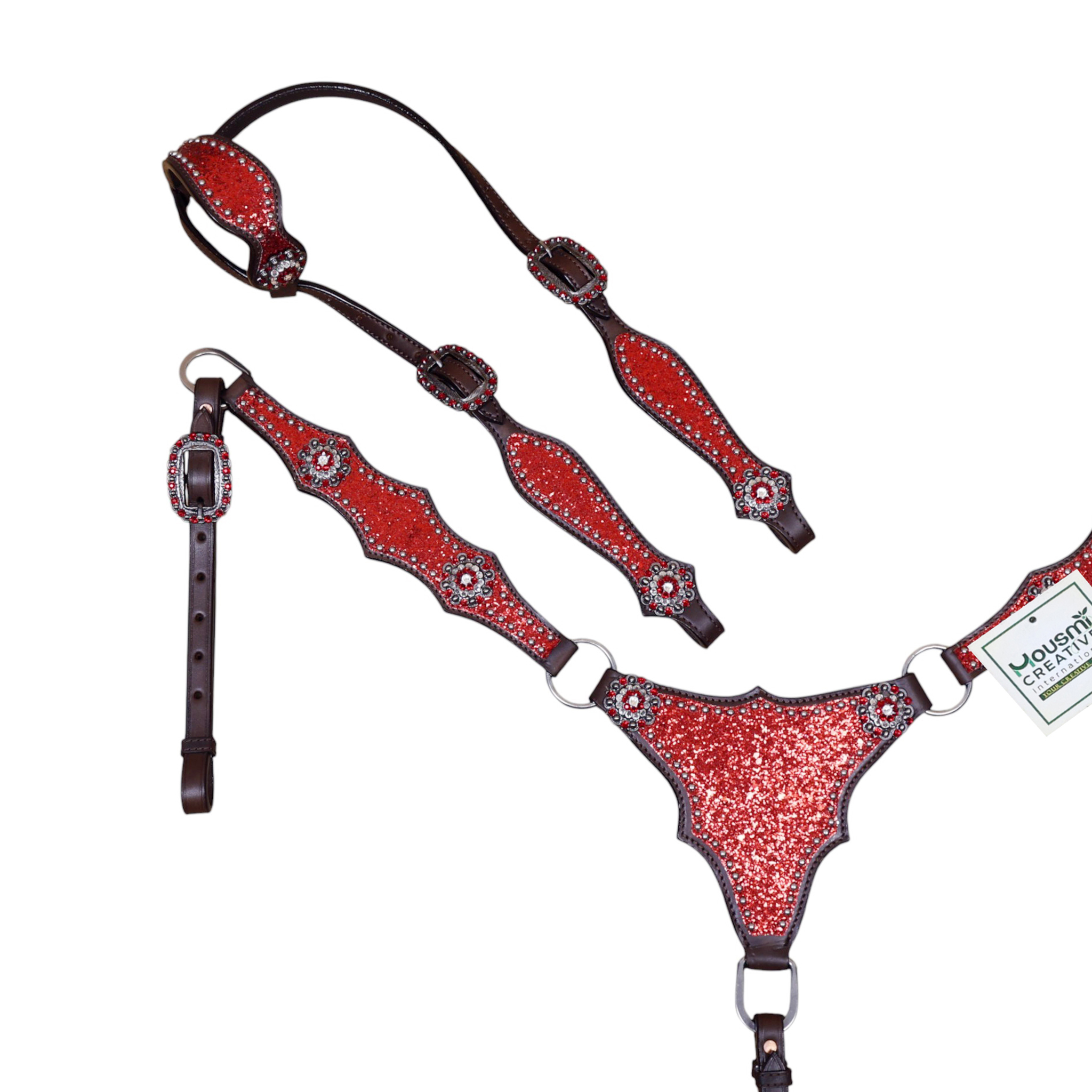Western Breast collar Tack set with Red Glitter Big Chunk Sparkles and Bling Rhinestone Conchos (HSBM 114532) - Image 2