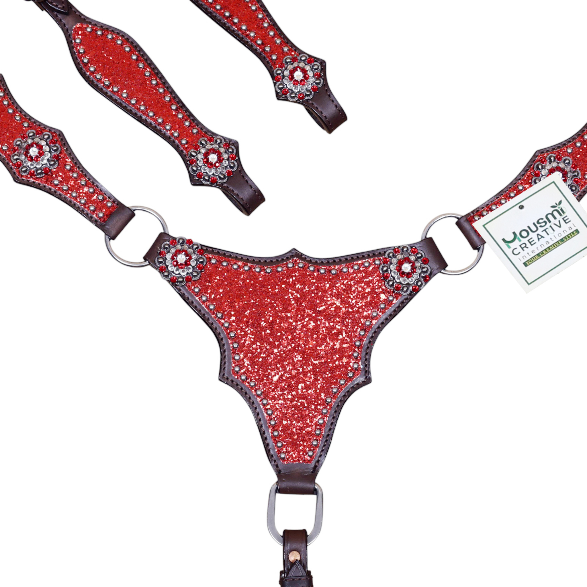 Western Breast collar Tack set with Red Glitter Big Chunk Sparkles and Bling Rhinestone Conchos (HSBM 114532) - Image 3