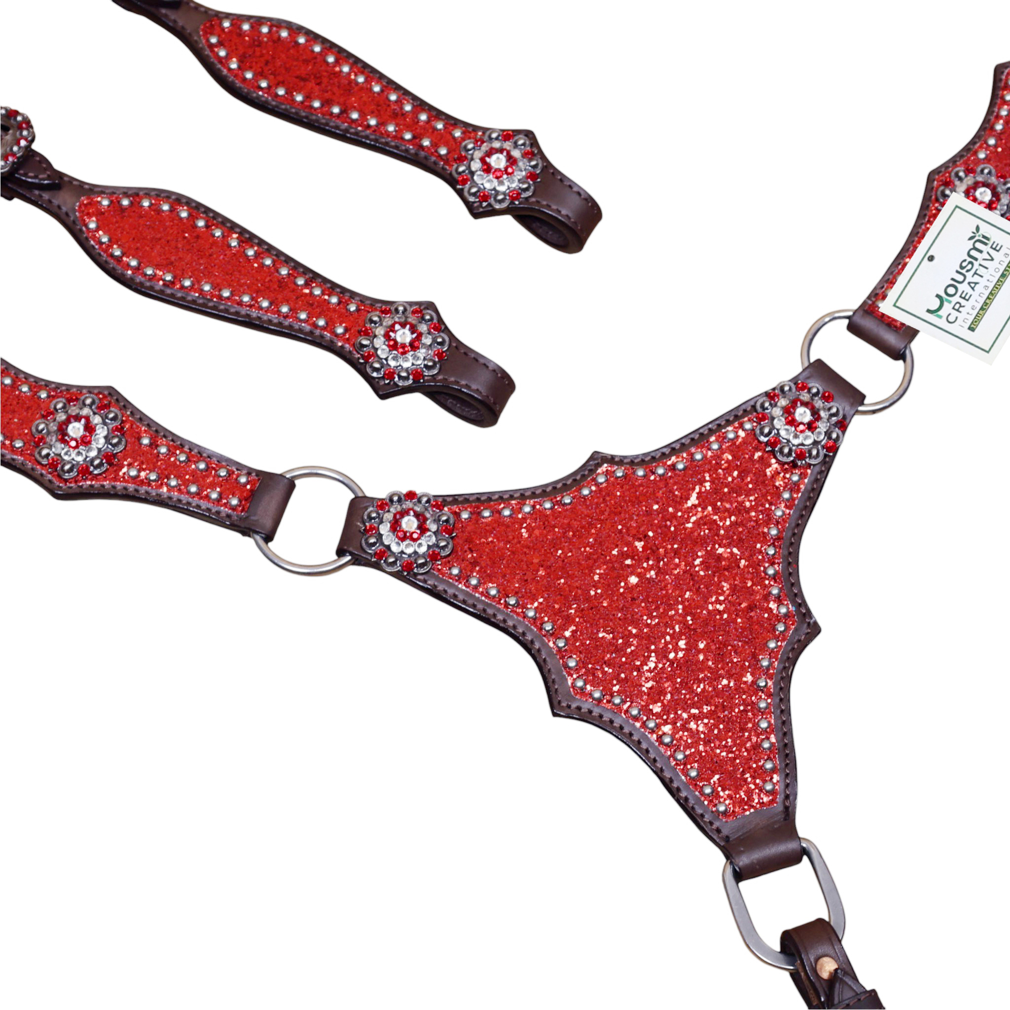 Western Breast collar Tack set with Red Glitter Big Chunk Sparkles and Bling Rhinestone Conchos (HSBM 114532) - Image 4