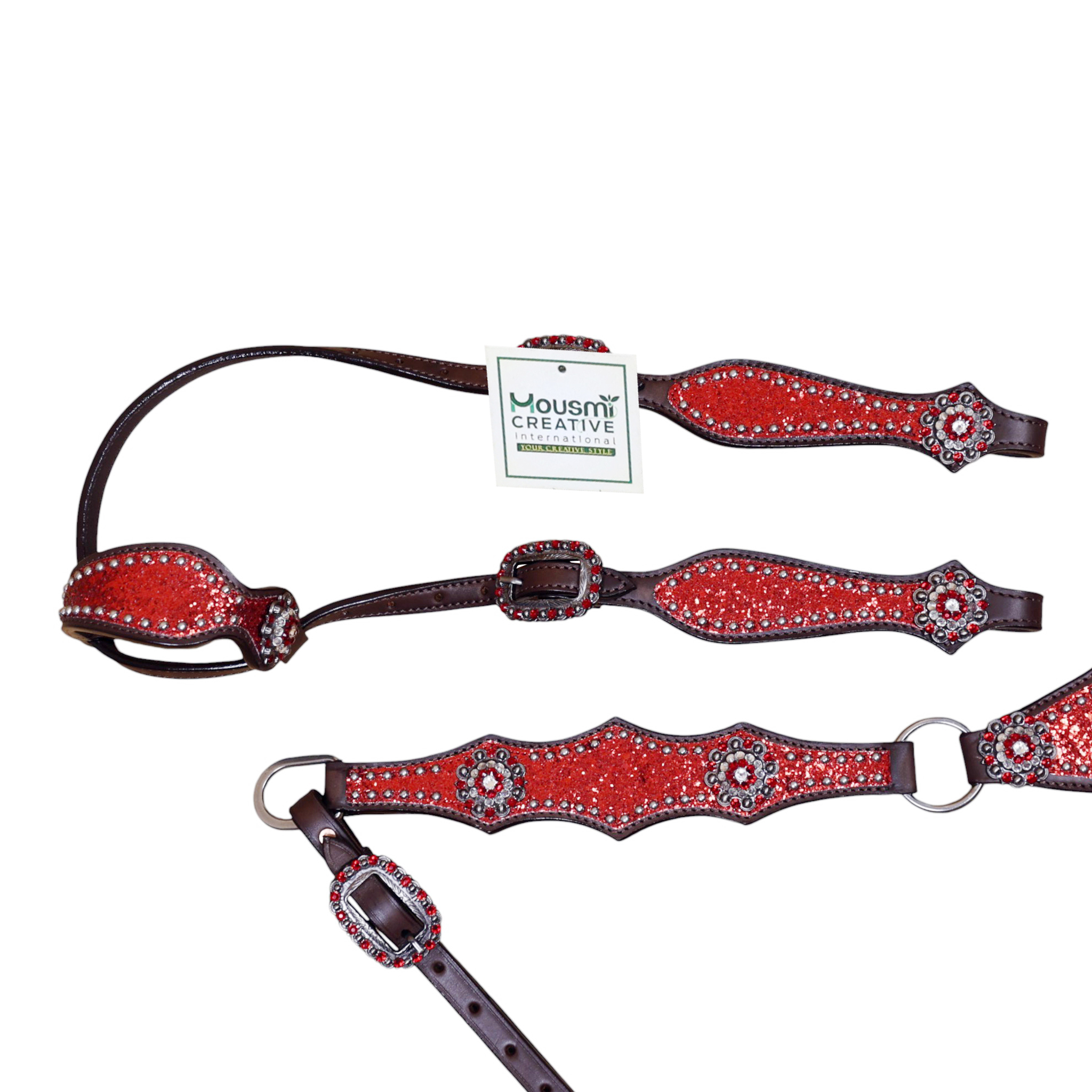 Western Breast collar Tack set with Red Glitter Big Chunk Sparkles and Bling Rhinestone Conchos (HSBM 114532) - Image 5