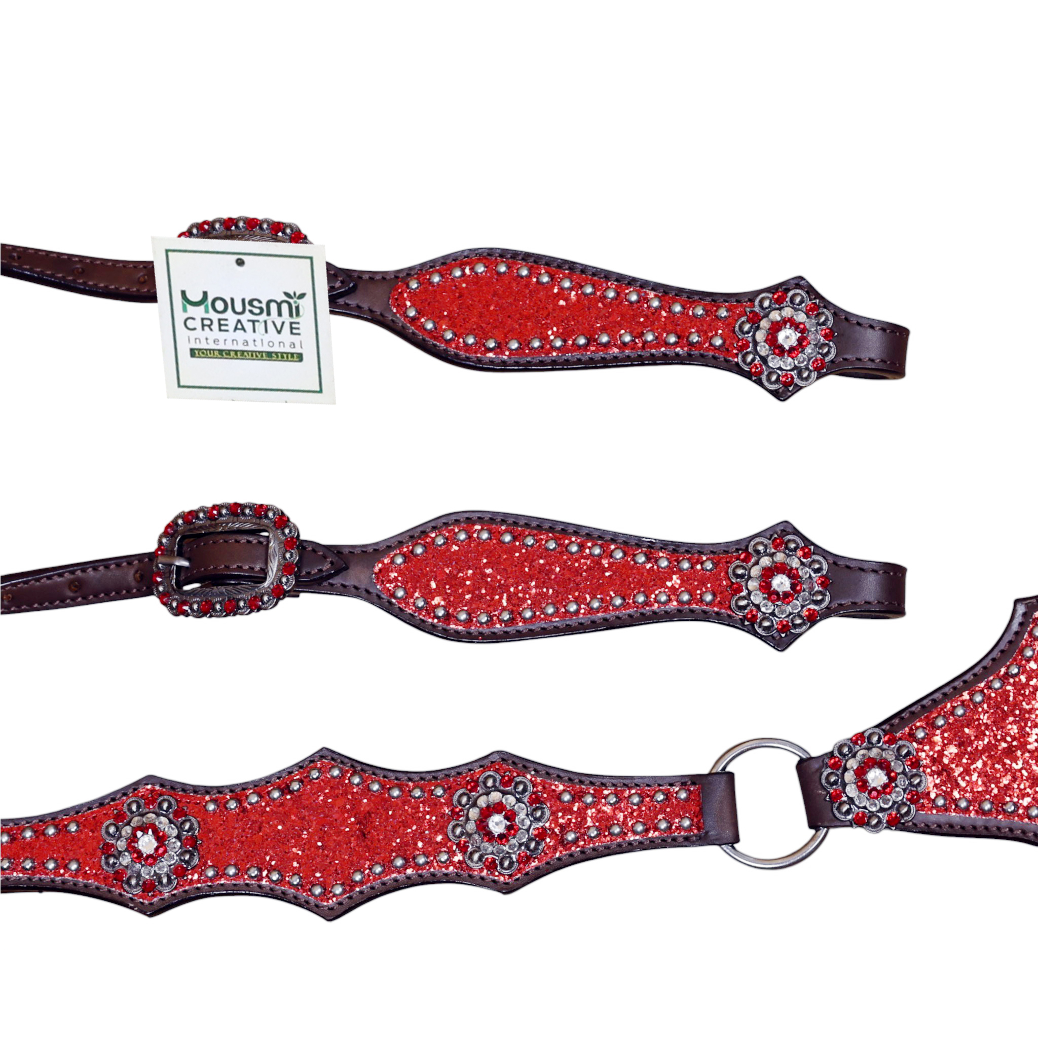 Western Breast collar Tack set with Red Glitter Big Chunk Sparkles and Bling Rhinestone Conchos (HSBM 114532) - Image 6