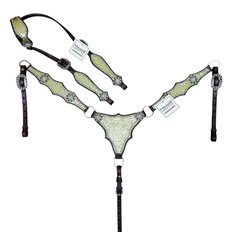 Western Leather Headstall Set Lime Green Glitter Big Chunk Sparkles and Bling Rhinestone Conchos (HSBM 114533)
