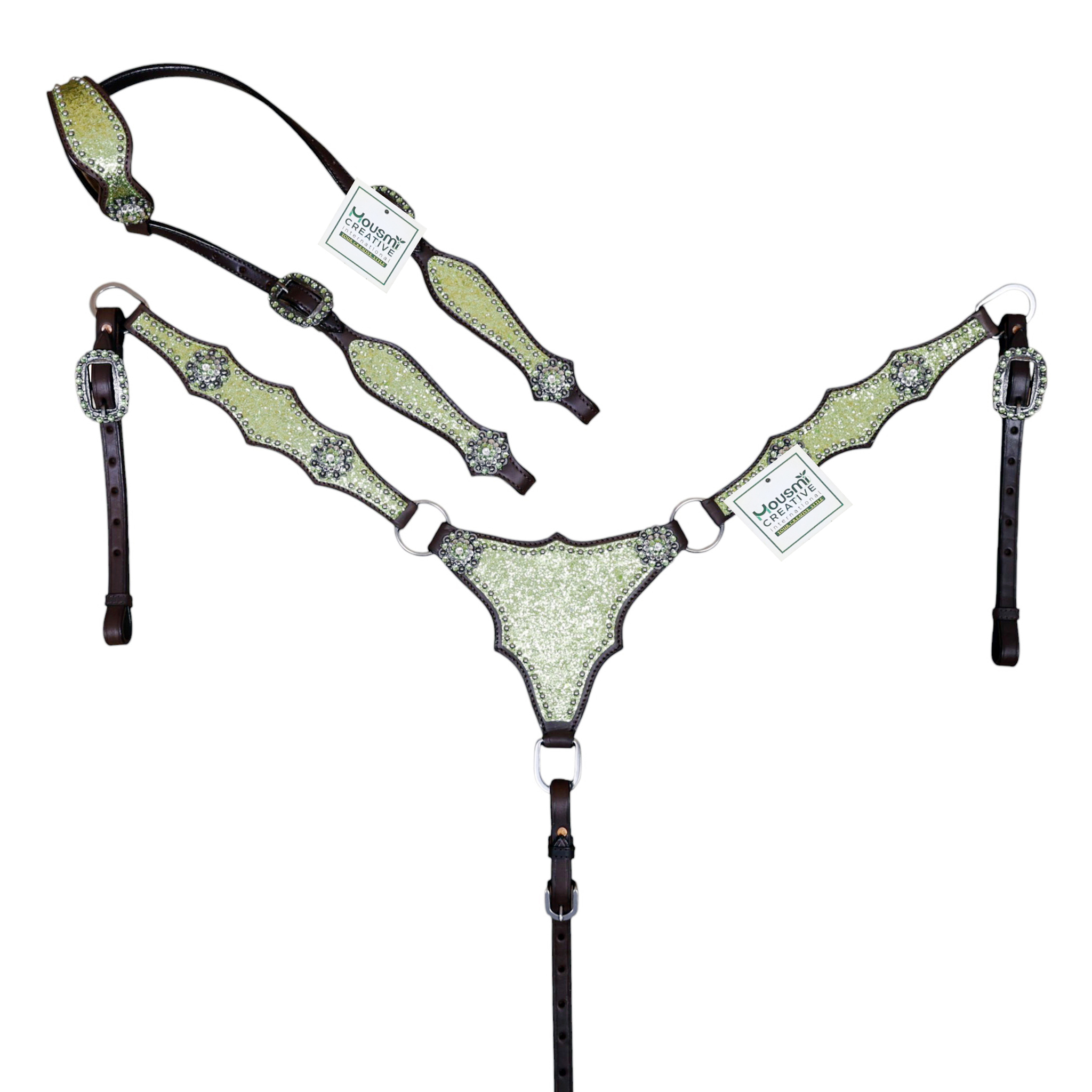 Western Leather Headstall Set Lime Green Glitter Big Chunk Sparkles and Bling Rhinestone Conchos (HSBM 114533)