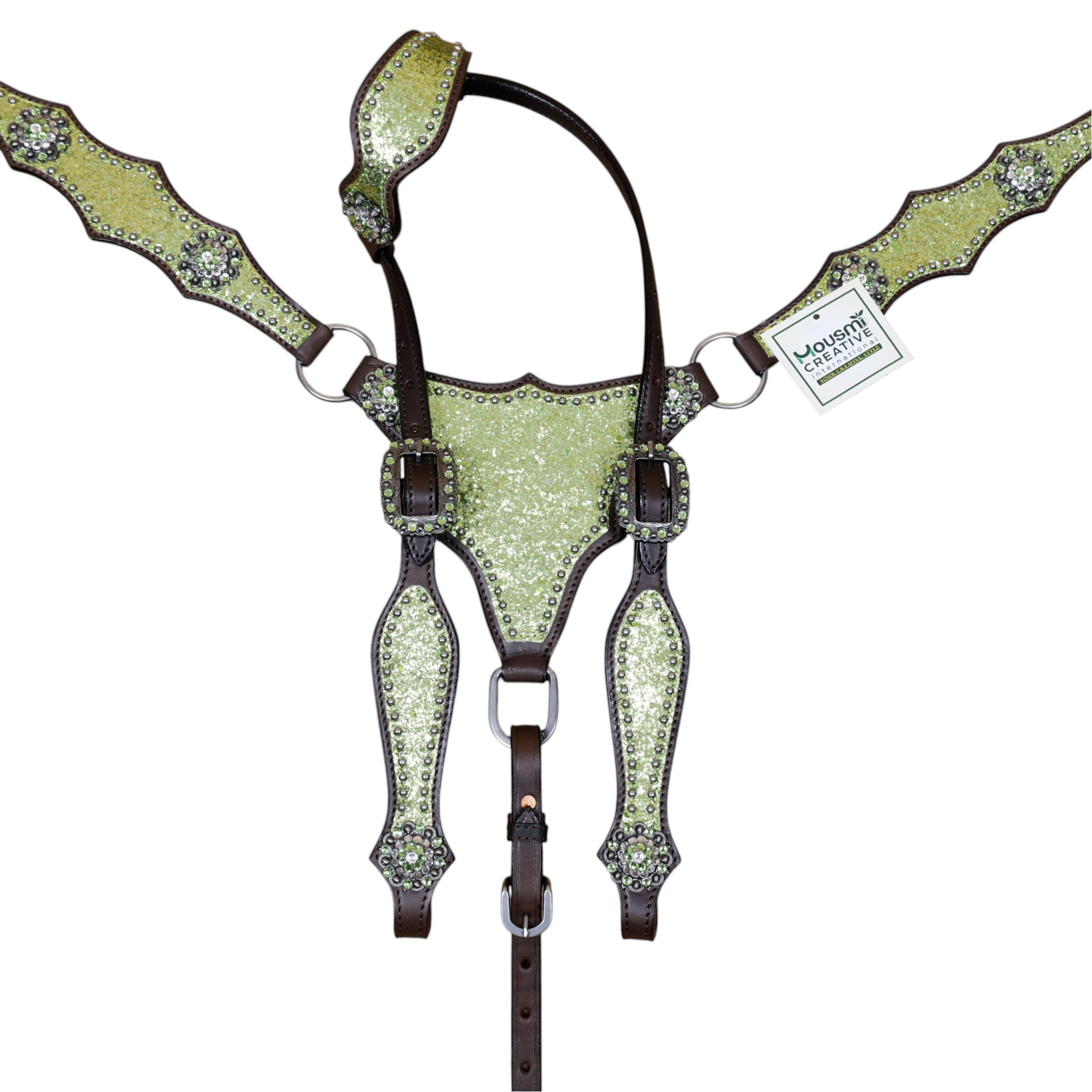 Western Leather Headstall Set Lime Green Glitter Big Chunk Sparkles and Bling Rhinestone Conchos (HSBM 114533) - Image 10