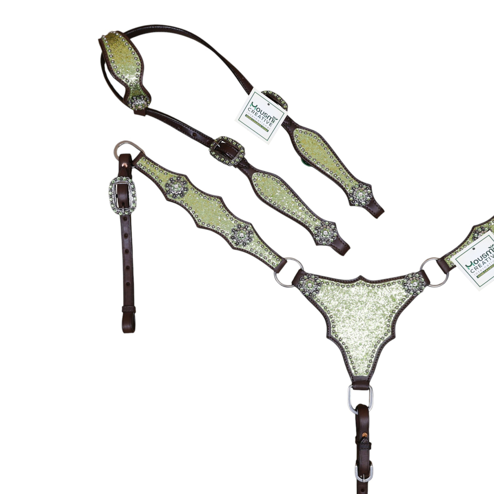 Western Leather Headstall Set Lime Green Glitter Big Chunk Sparkles and Bling Rhinestone Conchos (HSBM 114533) - Image 2