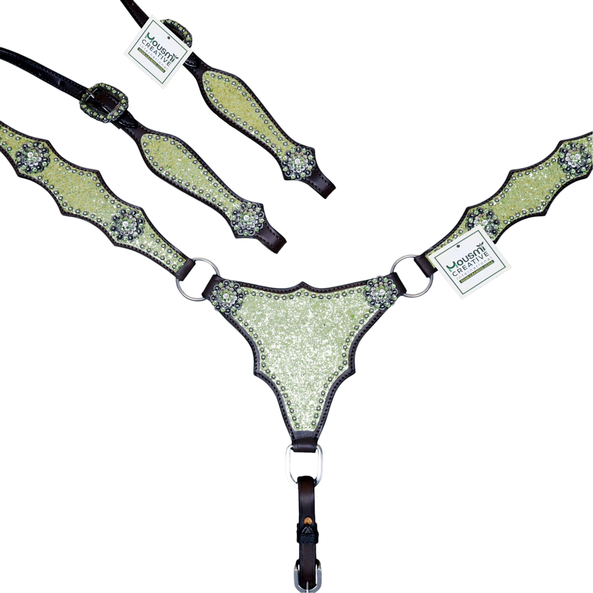 Western Leather Headstall Set Lime Green Glitter Big Chunk Sparkles and Bling Rhinestone Conchos (HSBM 114533) - Image 3