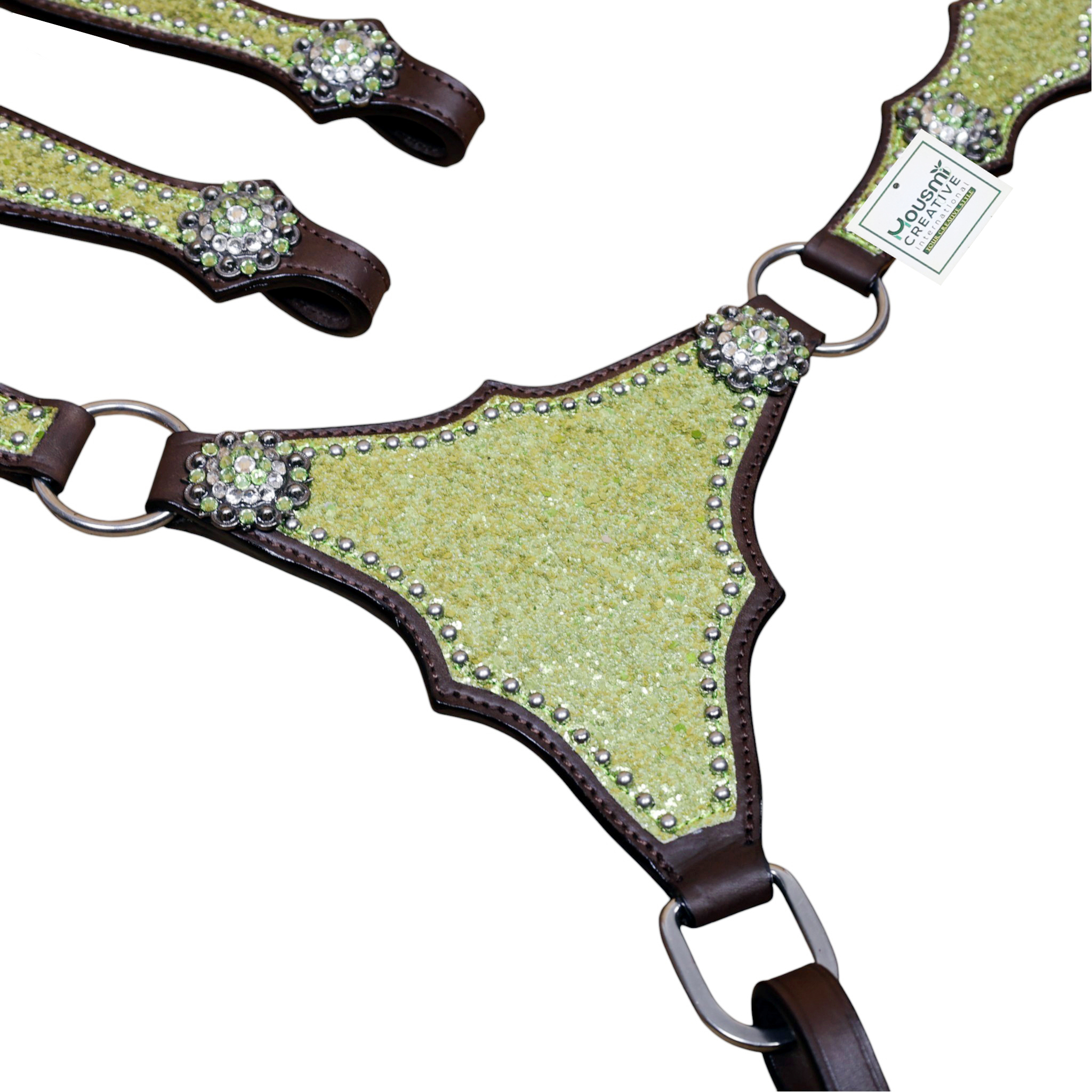 Western Leather Headstall Set Lime Green Glitter Big Chunk Sparkles and Bling Rhinestone Conchos (HSBM 114533) - Image 4