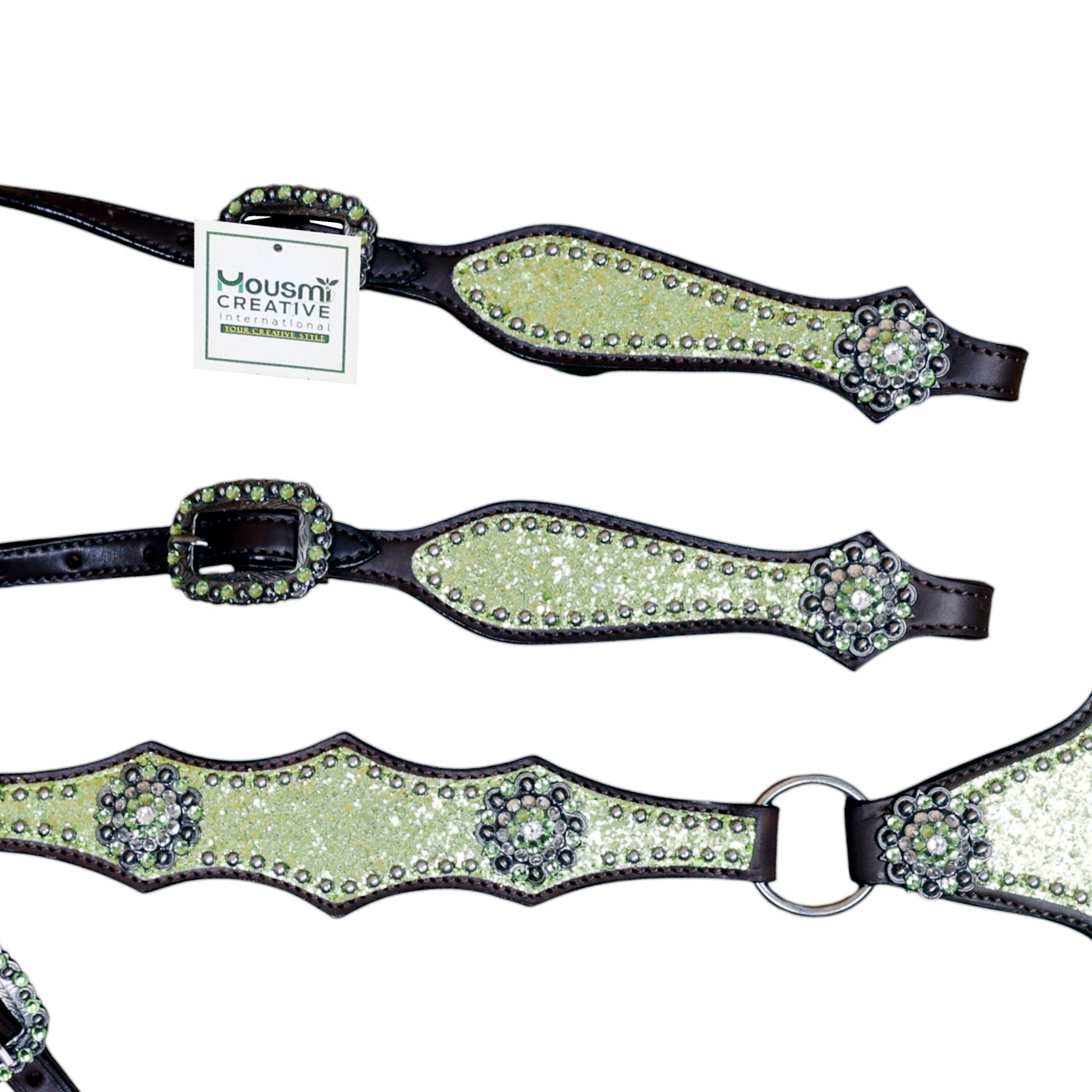Western Leather Headstall Set Lime Green Glitter Big Chunk Sparkles and Bling Rhinestone Conchos (HSBM 114533) - Image 5
