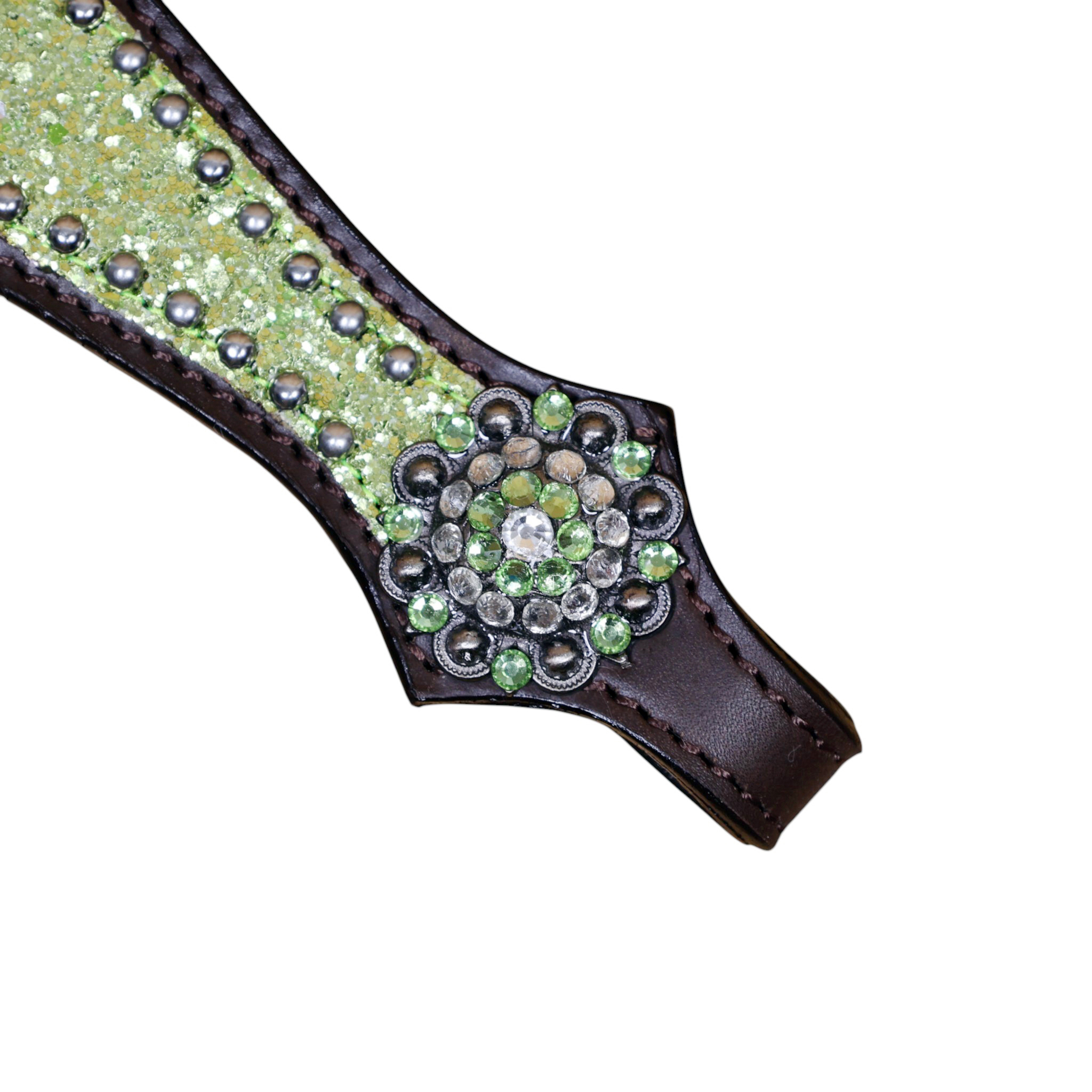 Western Leather Headstall Set Lime Green Glitter Big Chunk Sparkles and Bling Rhinestone Conchos (HSBM 114533) - Image 6