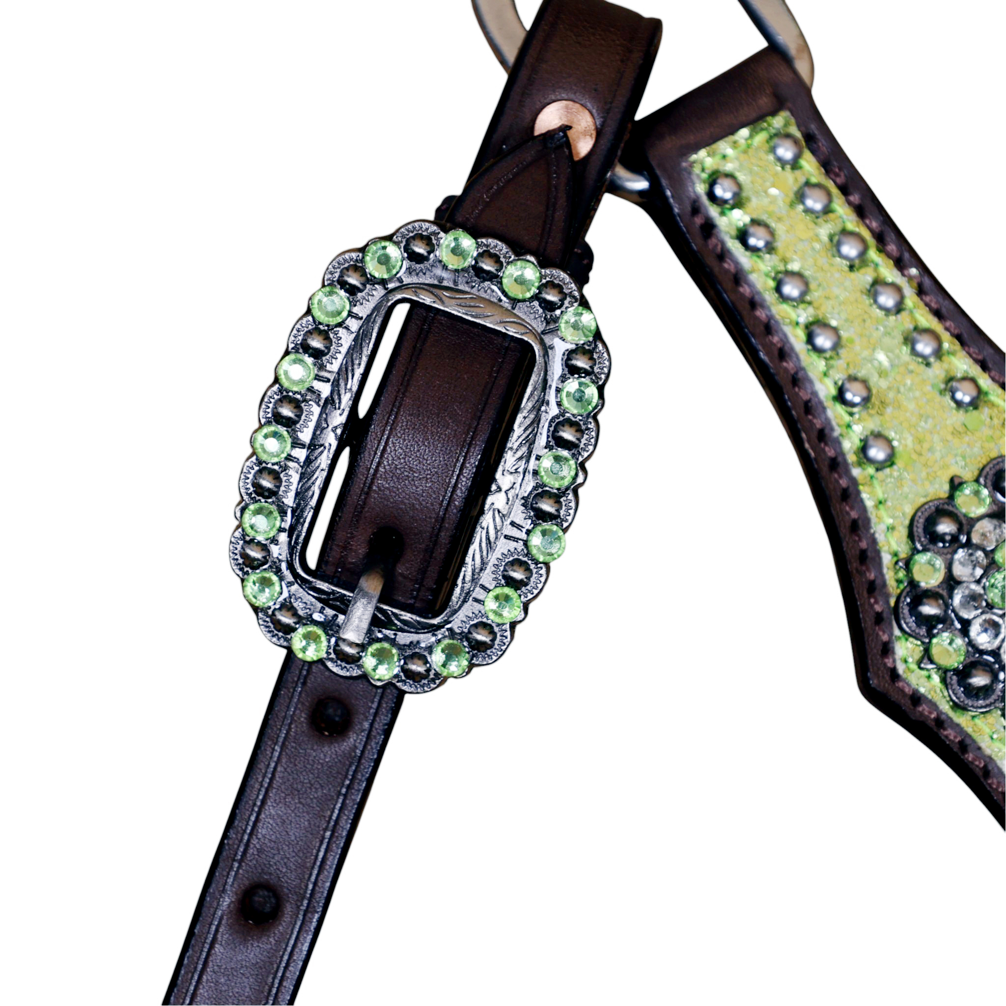 Western Leather Headstall Set Lime Green Glitter Big Chunk Sparkles and Bling Rhinestone Conchos (HSBM 114533) - Image 7