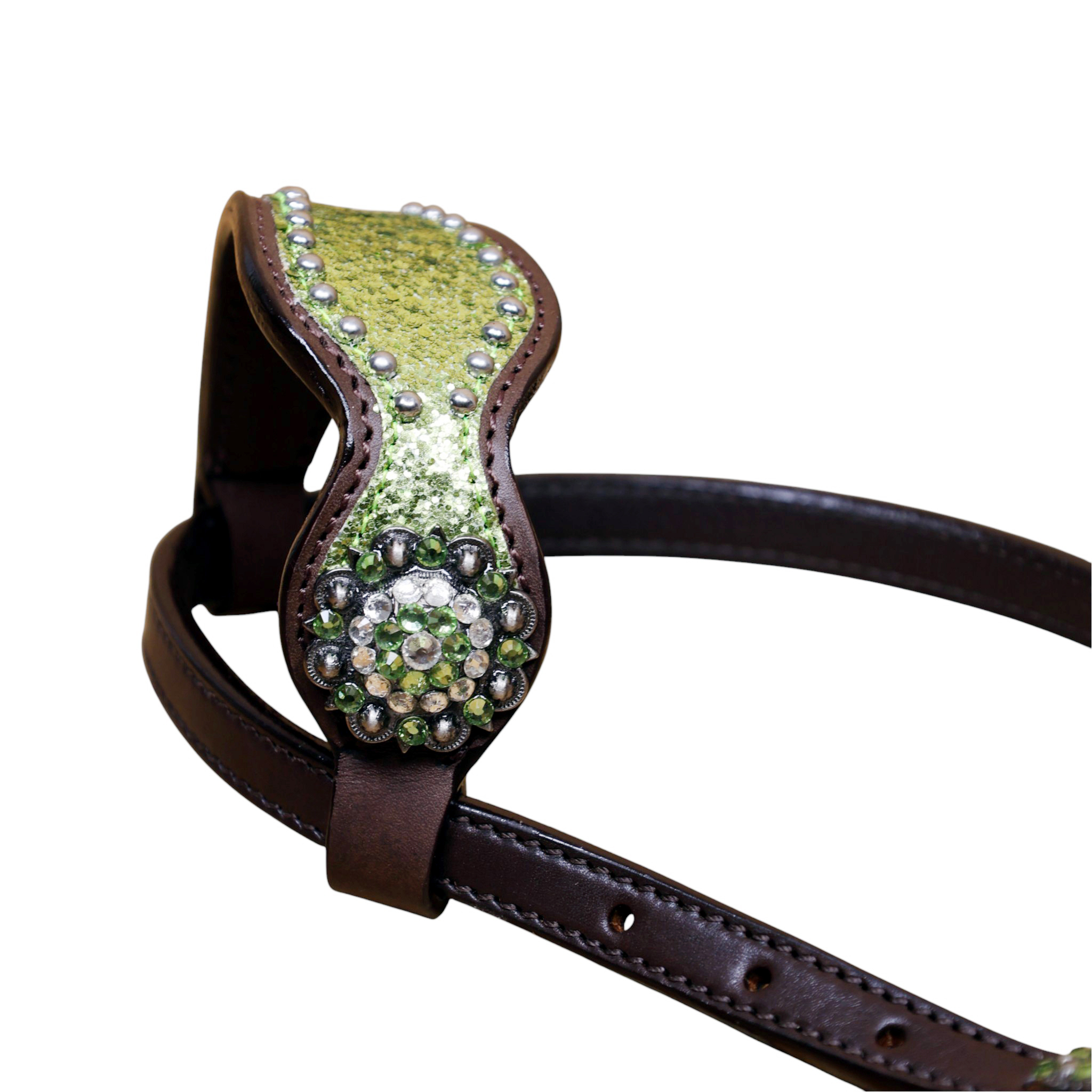 Western Leather Headstall Set Lime Green Glitter Big Chunk Sparkles and Bling Rhinestone Conchos (HSBM 114533) - Image 8