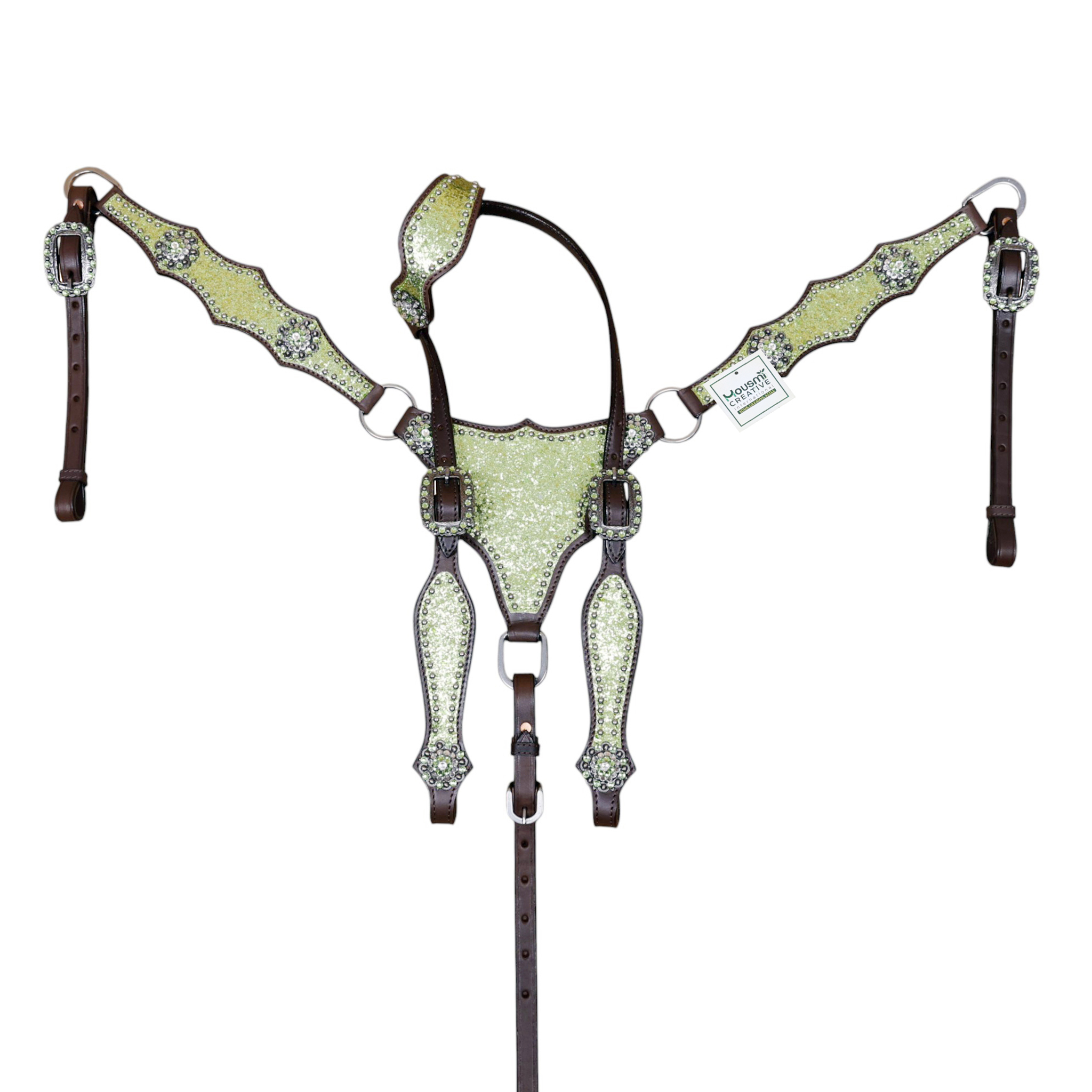 Western Leather Headstall Set Lime Green Glitter Big Chunk Sparkles and Bling Rhinestone Conchos (HSBM 114533) - Image 9