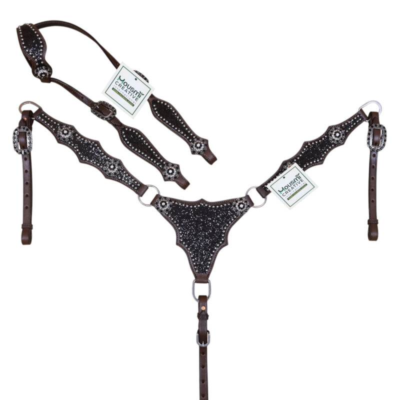 Western Leather Headstall Set with Black Glitter Big Chunk Sparkles and Bling Rhinestone Conchos (HSBM 114534)