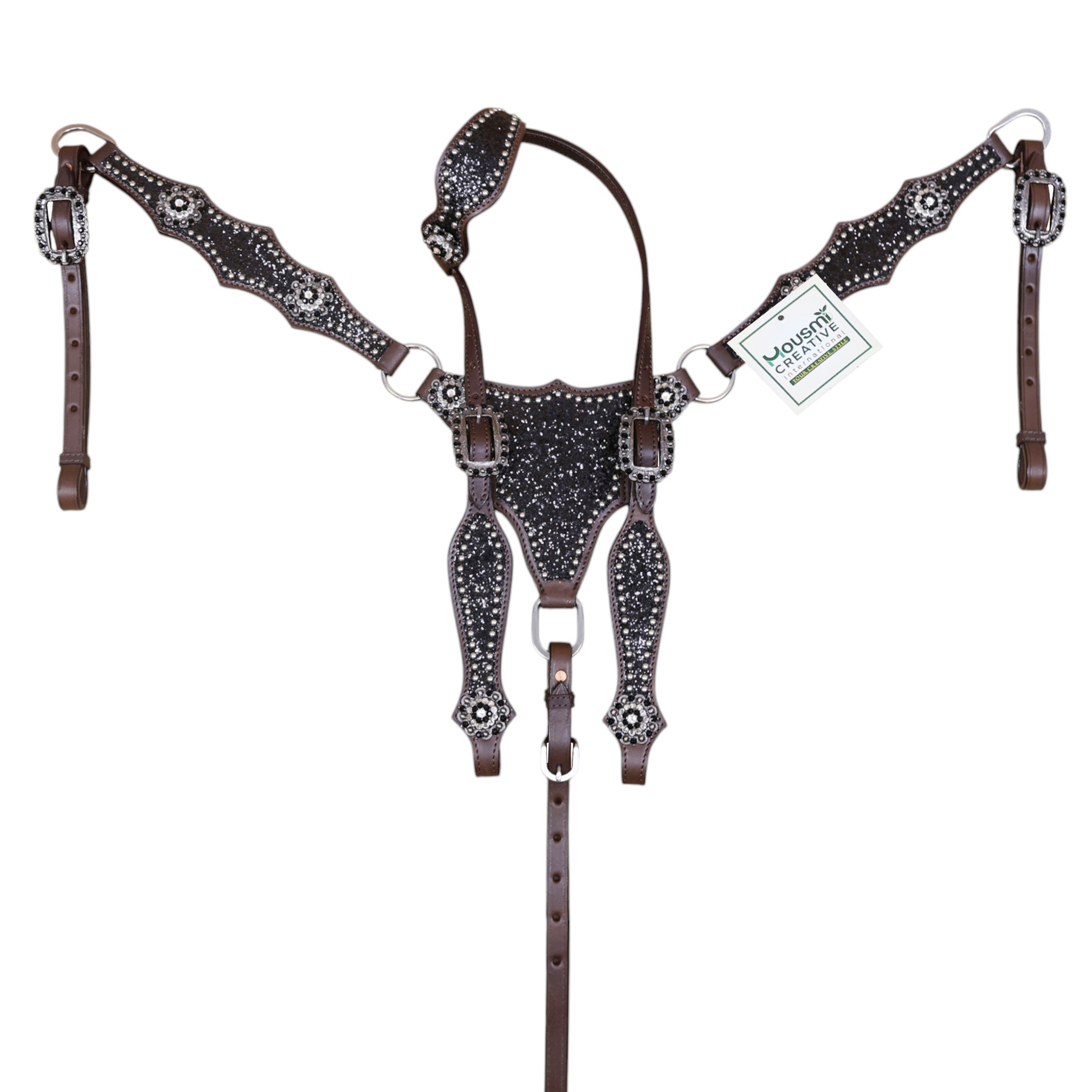 Western Leather Headstall Set with Black Glitter Big Chunk Sparkles and Bling Rhinestone Conchos (HSBM 114534) - Image 10