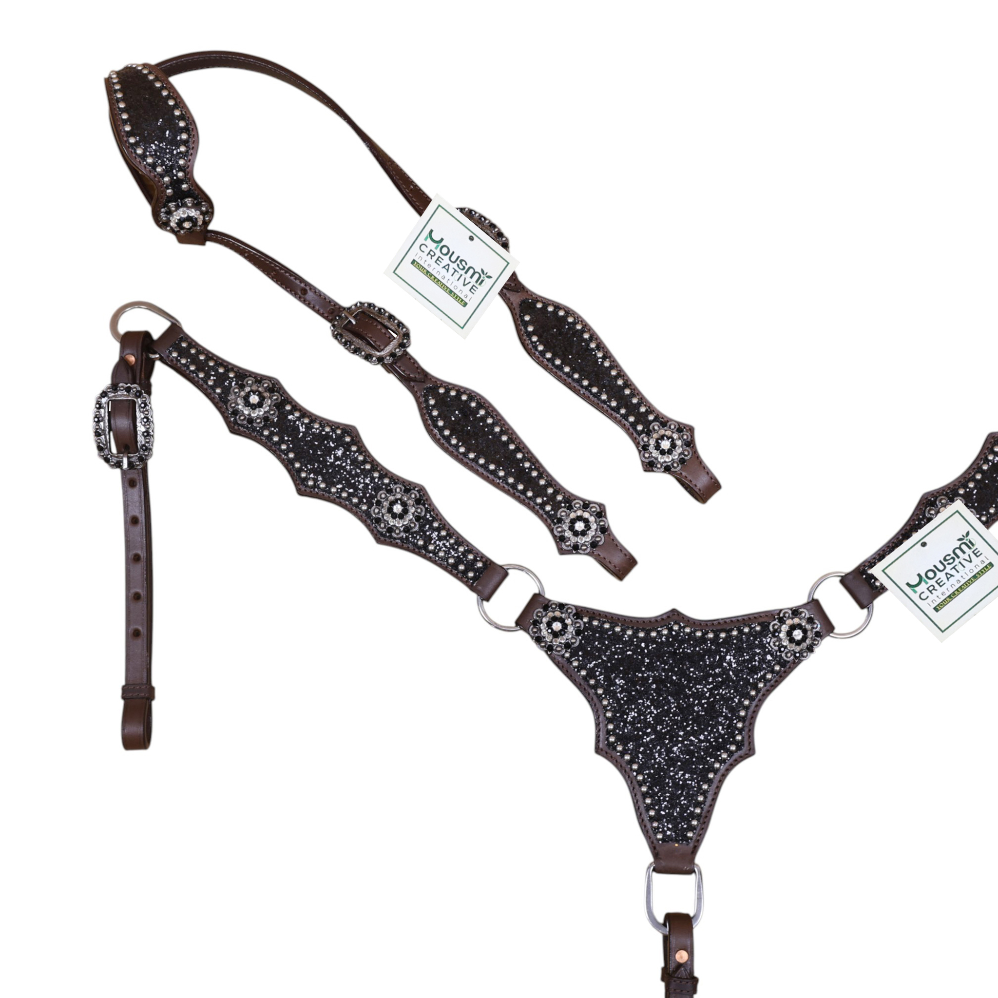 Western Leather Headstall Set with Black Glitter Big Chunk Sparkles and Bling Rhinestone Conchos (HSBM 114534) - Image 2