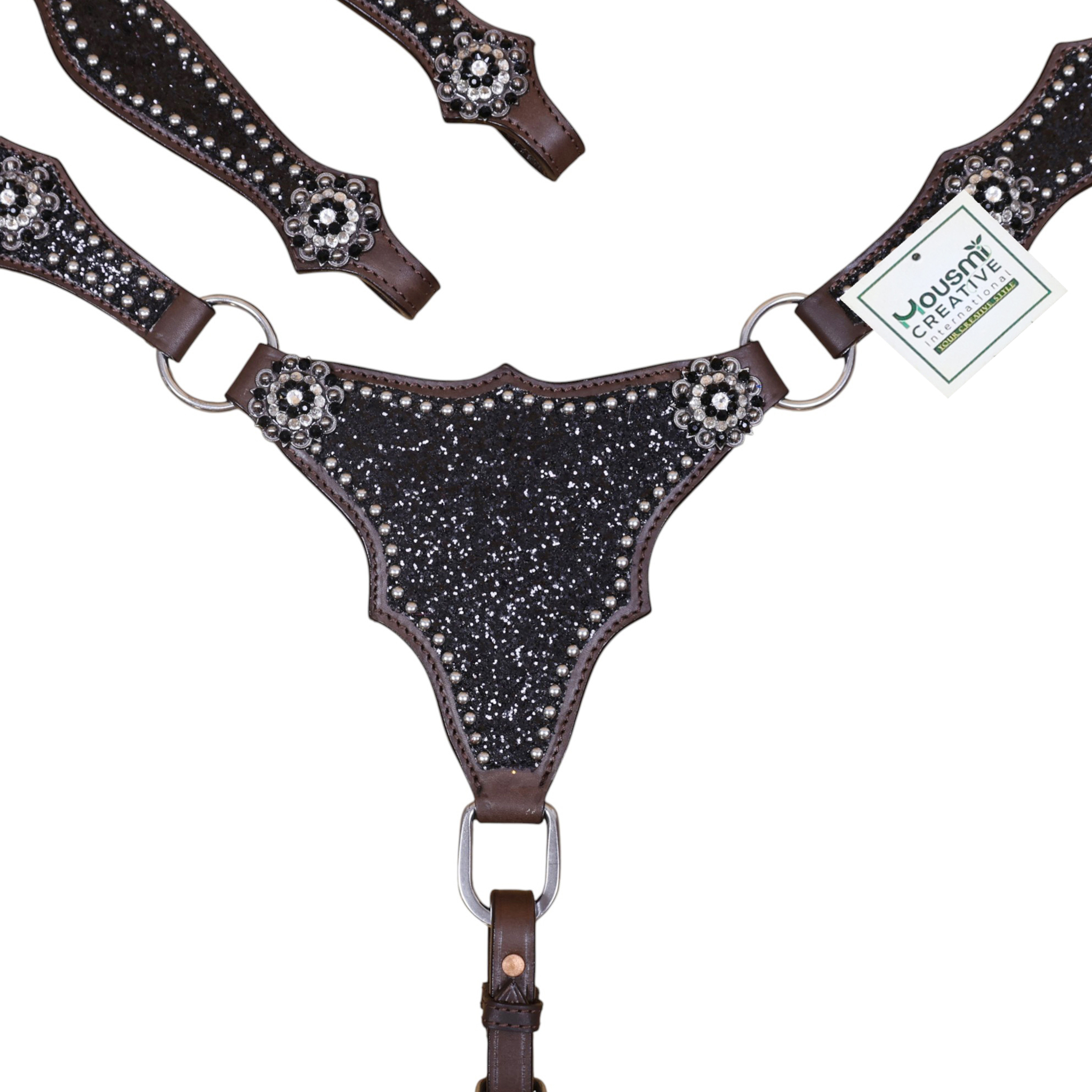 Western Leather Headstall Set with Black Glitter Big Chunk Sparkles and Bling Rhinestone Conchos (HSBM 114534) - Image 3