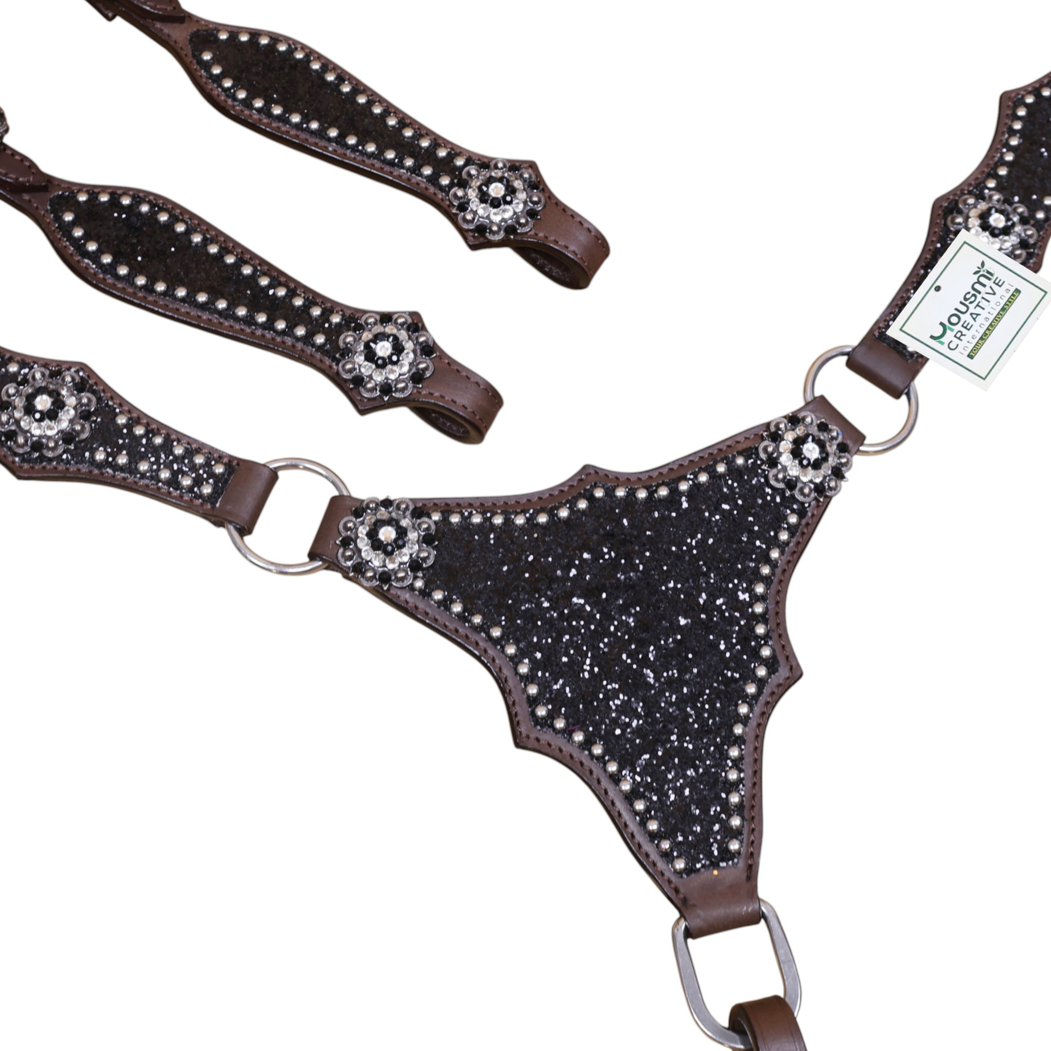 Western Leather Headstall Set with Black Glitter Big Chunk Sparkles and Bling Rhinestone Conchos (HSBM 114534) - Image 4