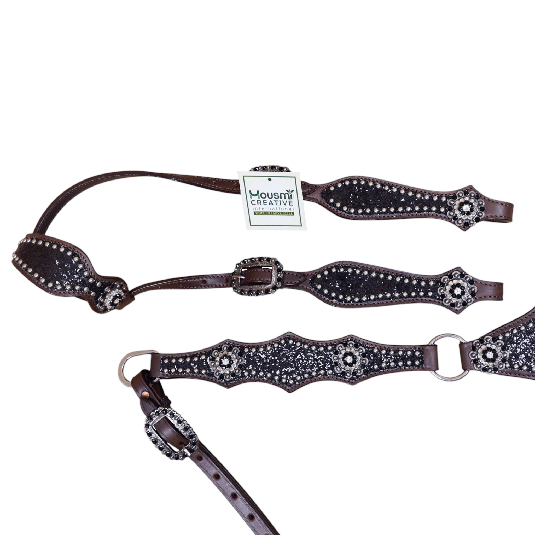 Western Leather Headstall Set with Black Glitter Big Chunk Sparkles and Bling Rhinestone Conchos (HSBM 114534) - Image 5