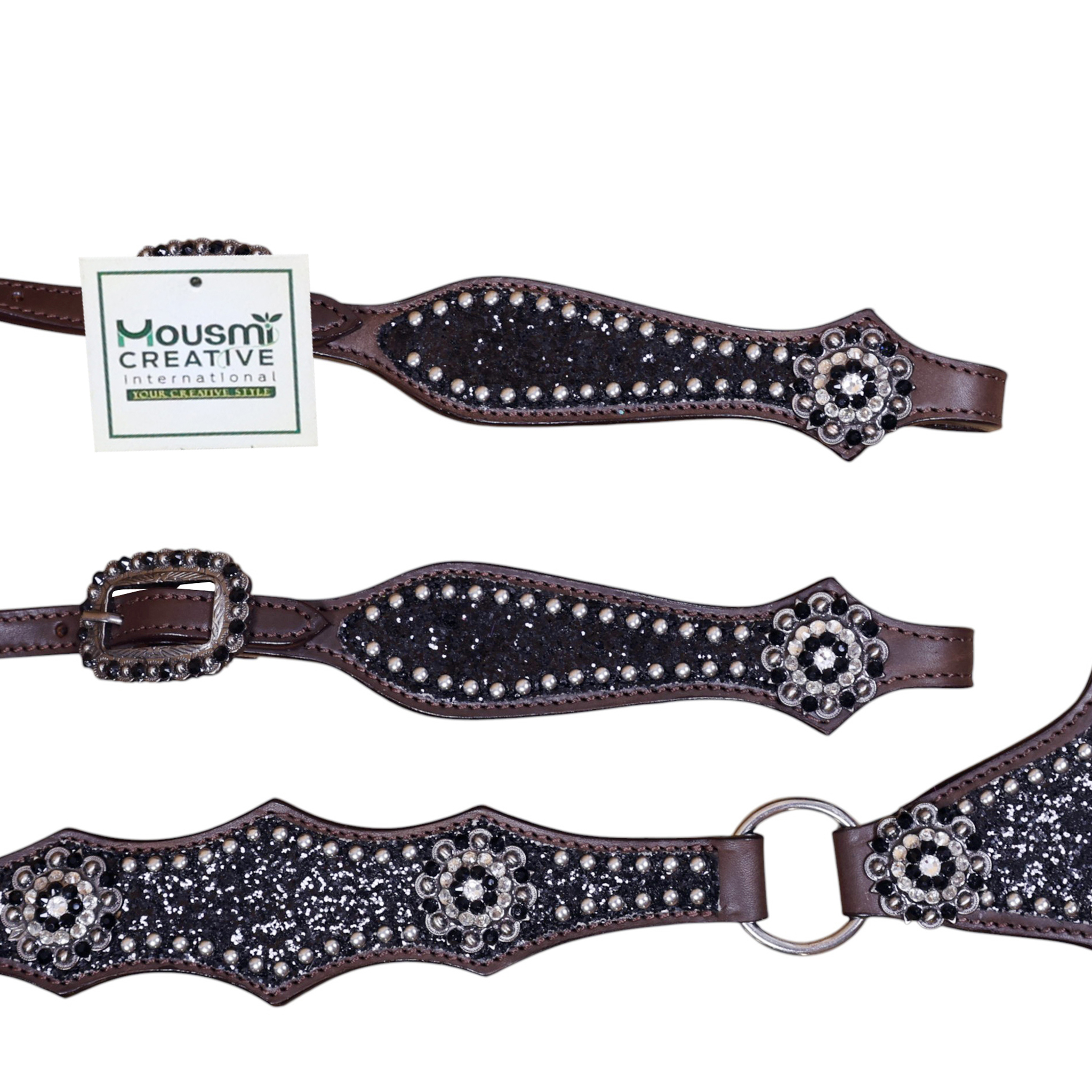 Western Leather Headstall Set with Black Glitter Big Chunk Sparkles and Bling Rhinestone Conchos (HSBM 114534) - Image 6
