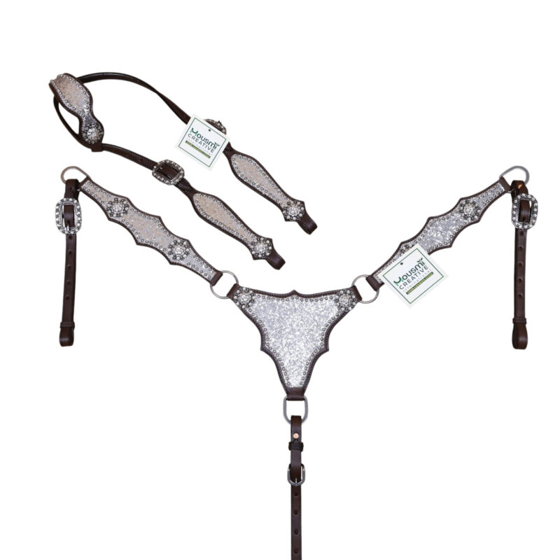Western Leather Headstall and Breast Collar Set with Silver Glitter Big Chunk Sparkles with Bling Rhinestone Conchos (HSBM 114535)