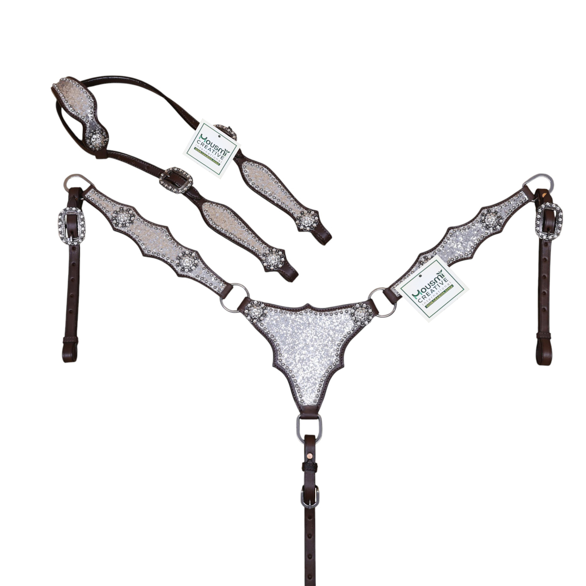 Western Leather Headstall and Breast Collar Set with Silver Glitter Big Chunk Sparkles with Bling Rhinestone Conchos (HSBM 114535)