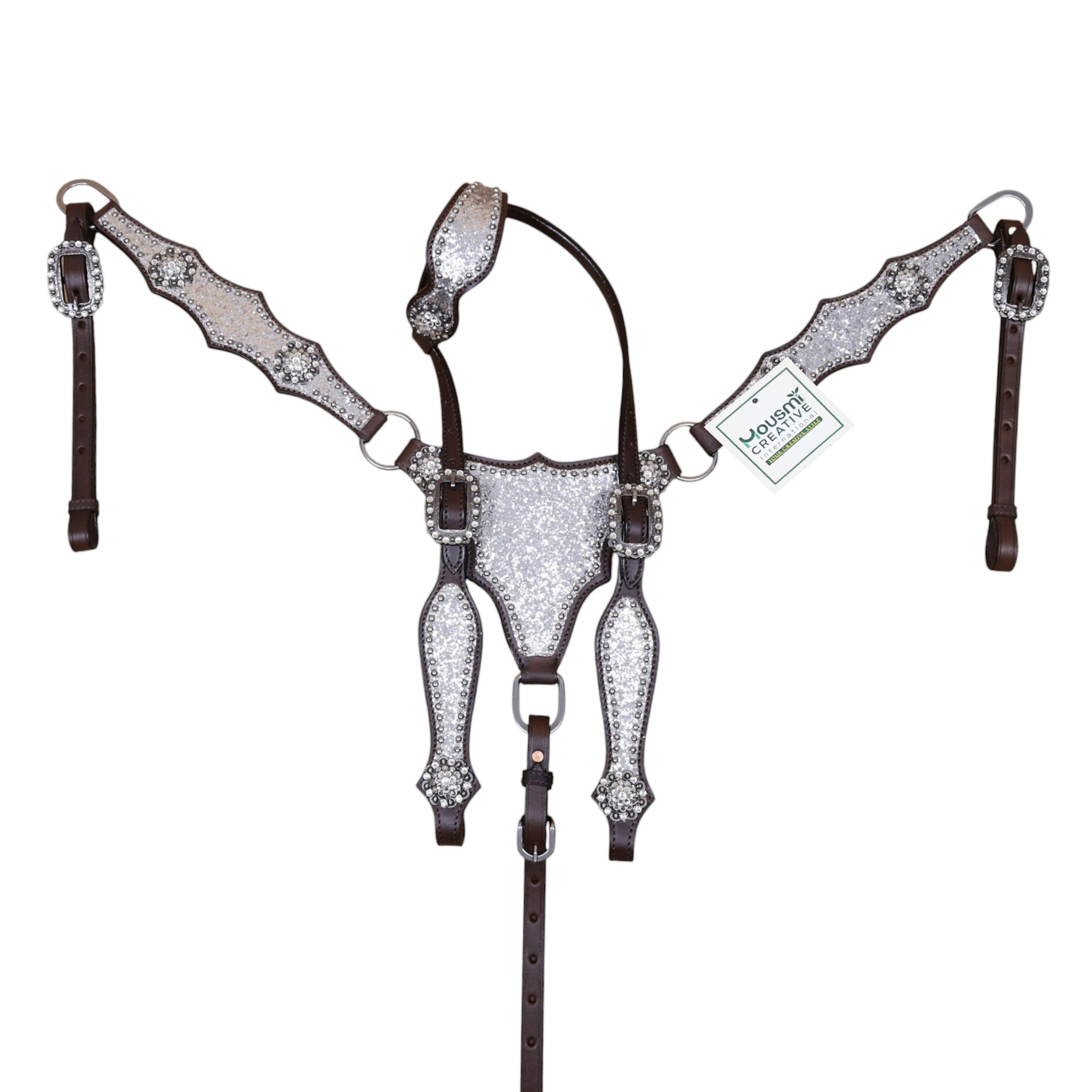Western Leather Headstall and Breast Collar Set with Silver Glitter Big Chunk Sparkles with Bling Rhinestone Conchos (HSBM 114535) - Image 10