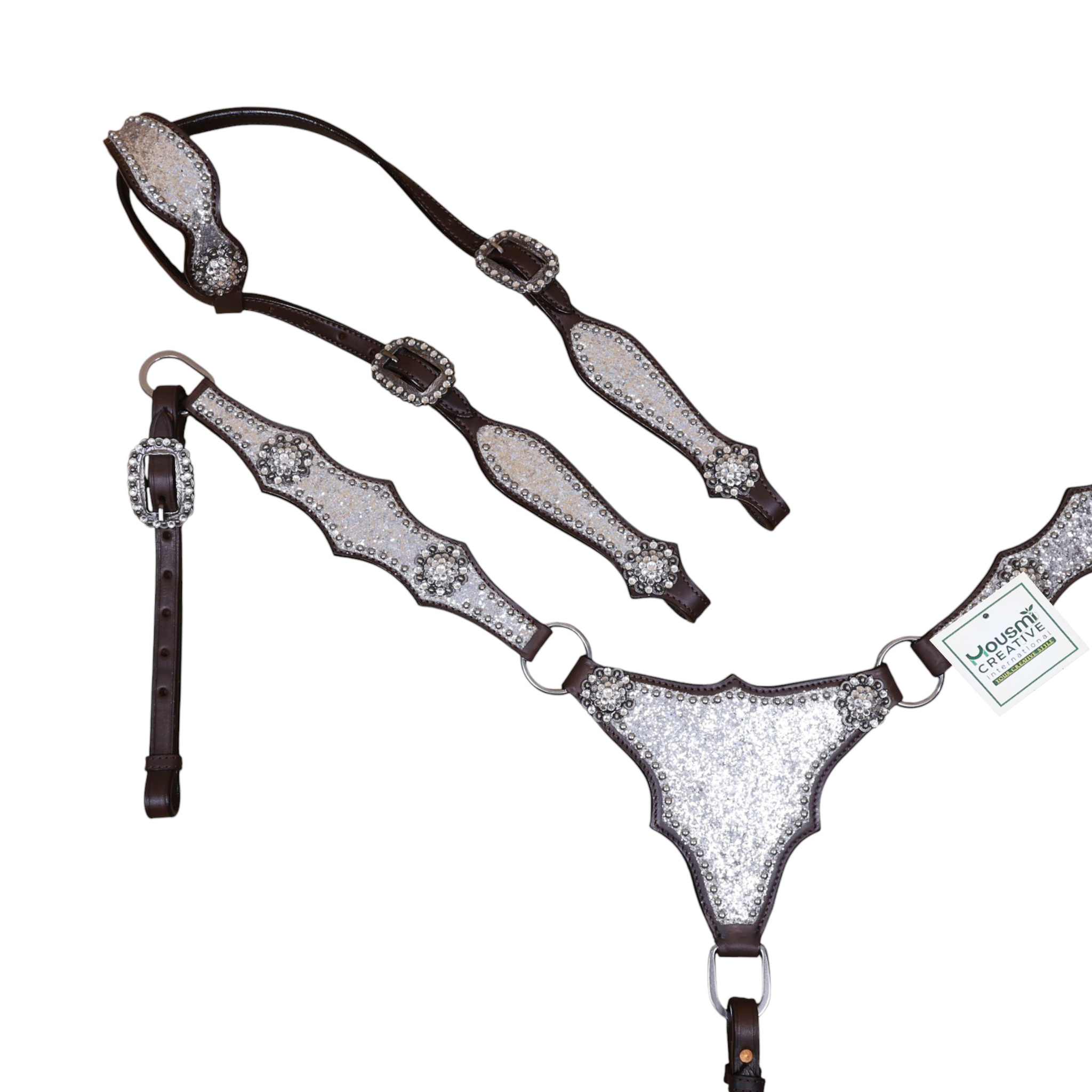 Western Leather Headstall and Breast Collar Set with Silver Glitter Big Chunk Sparkles with Bling Rhinestone Conchos (HSBM 114535) - Image 2