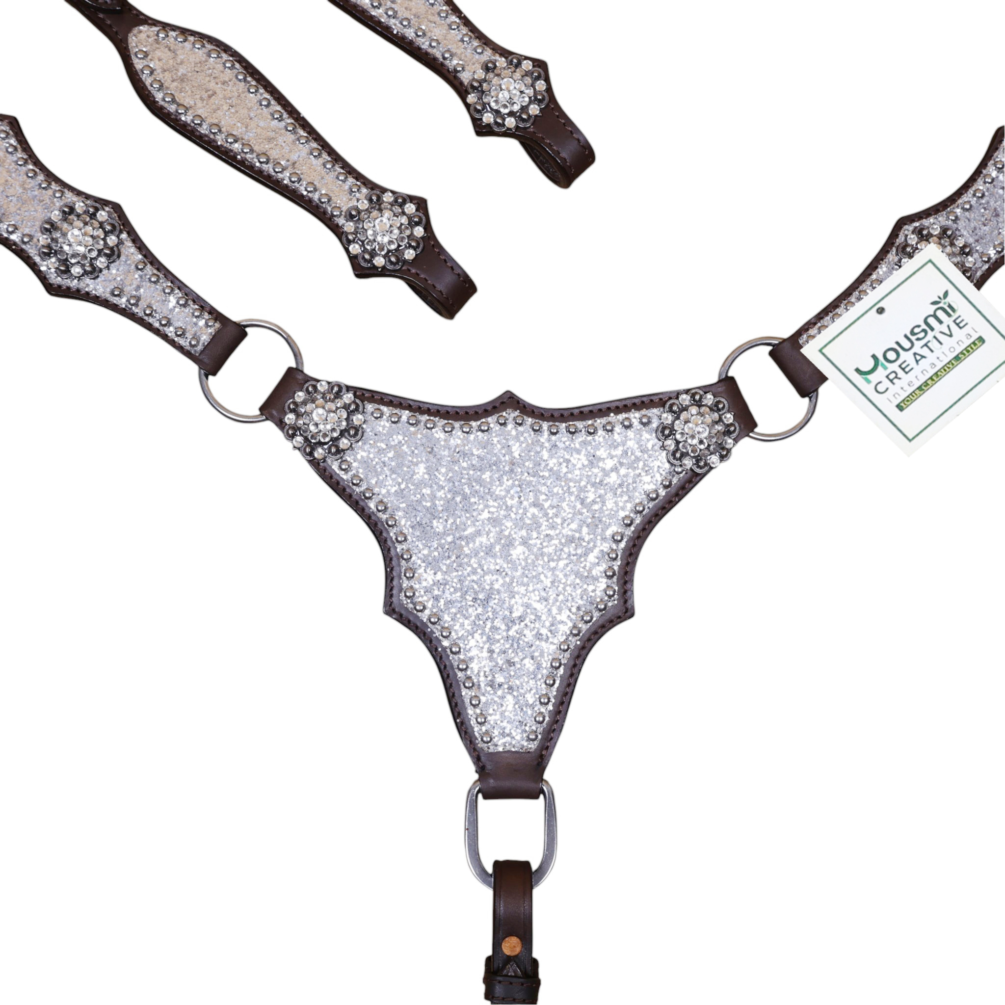 Western Leather Headstall and Breast Collar Set with Silver Glitter Big Chunk Sparkles with Bling Rhinestone Conchos (HSBM 114535) - Image 3