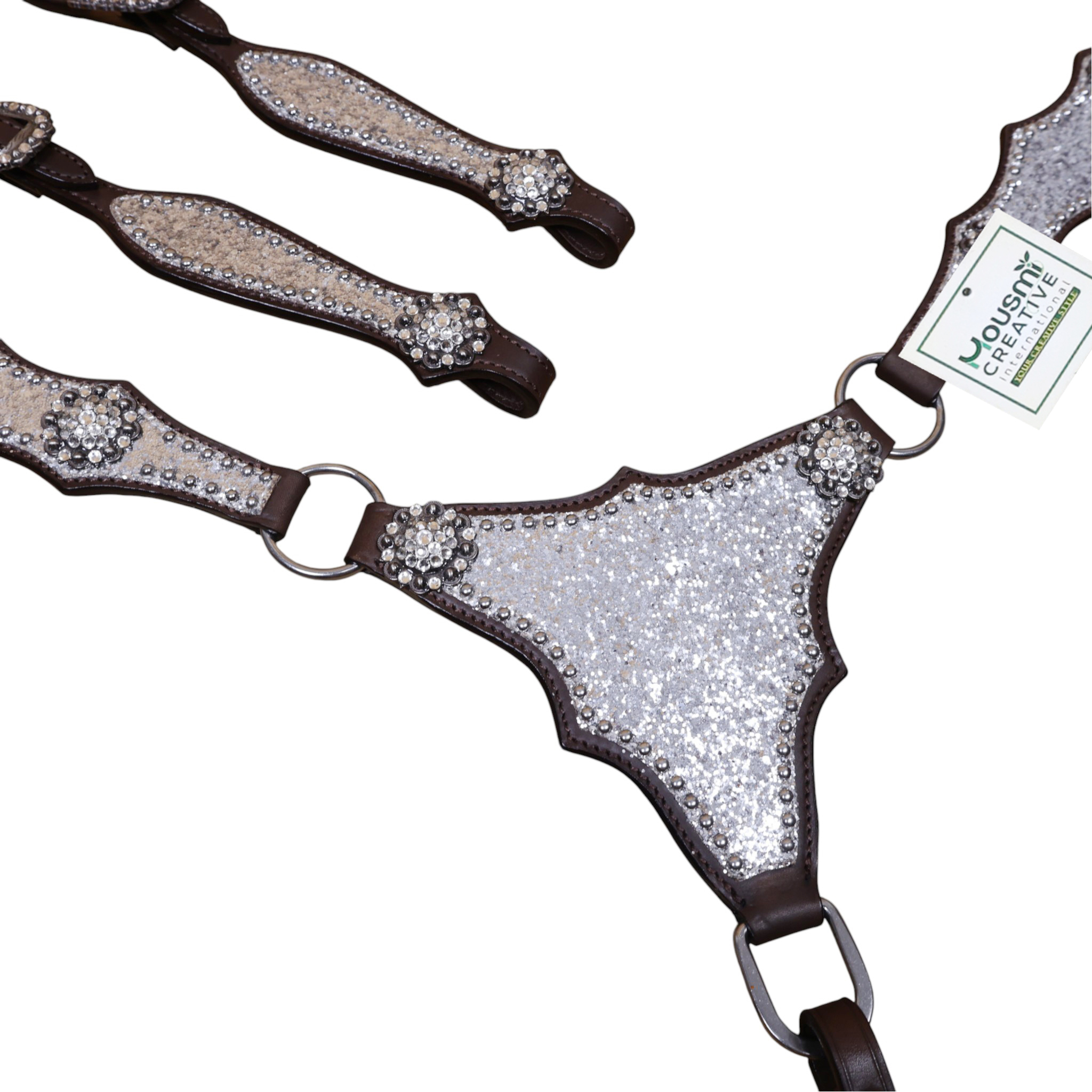 Western Leather Headstall and Breast Collar Set with Silver Glitter Big Chunk Sparkles with Bling Rhinestone Conchos (HSBM 114535) - Image 4