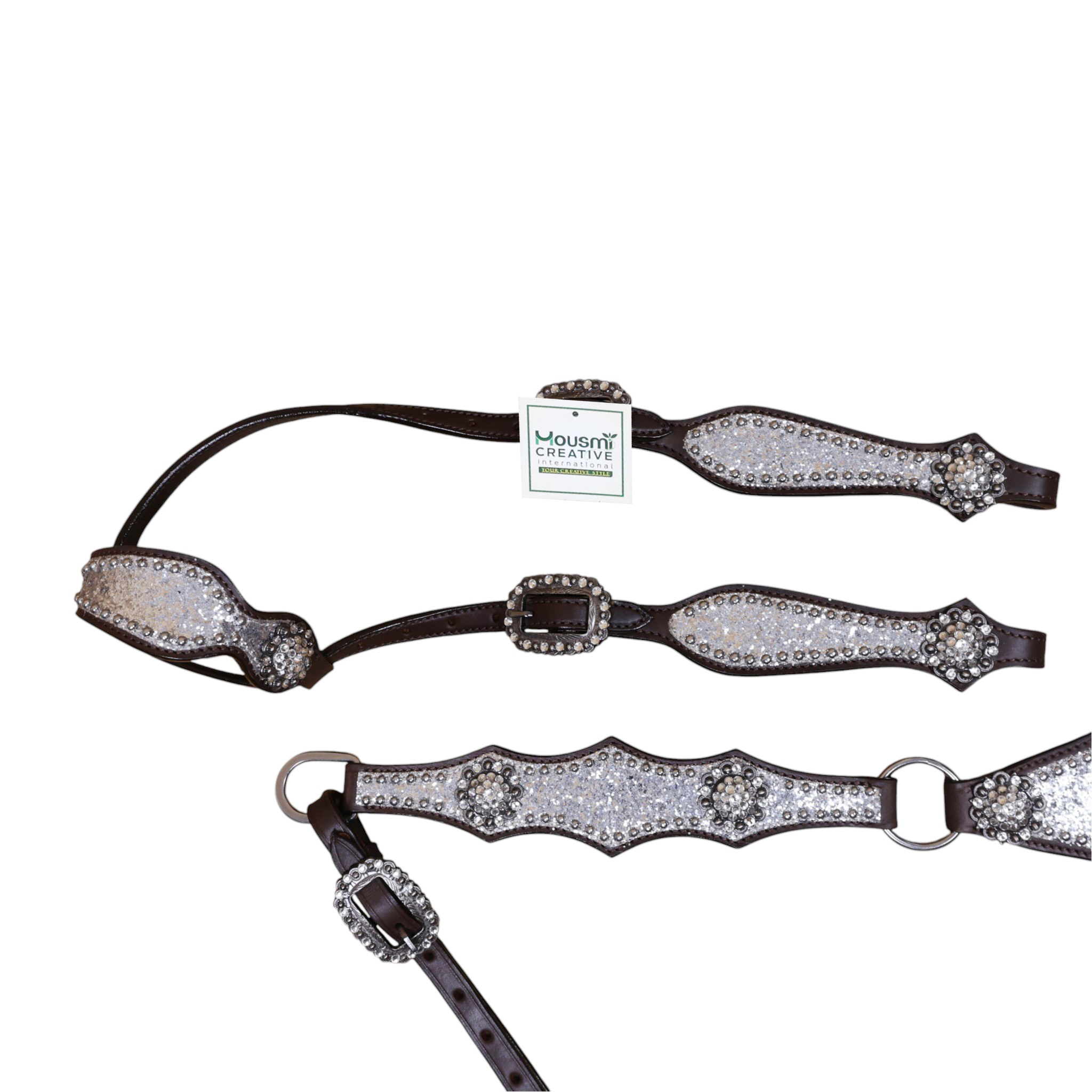 Western Leather Headstall and Breast Collar Set with Silver Glitter Big Chunk Sparkles with Bling Rhinestone Conchos (HSBM 114535) - Image 5