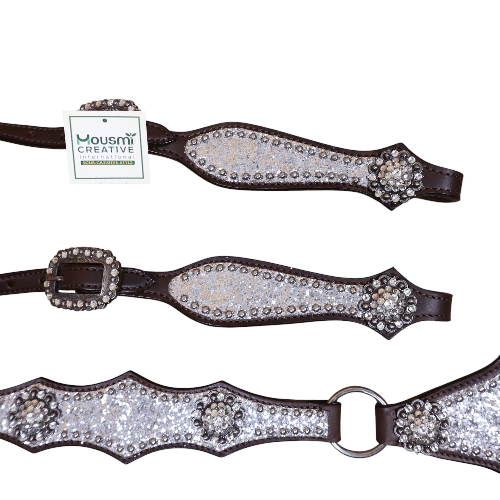 Western Leather Headstall and Breast Collar Set with Silver Glitter Big Chunk Sparkles with Bling Rhinestone Conchos (HSBM 114535) - Image 6