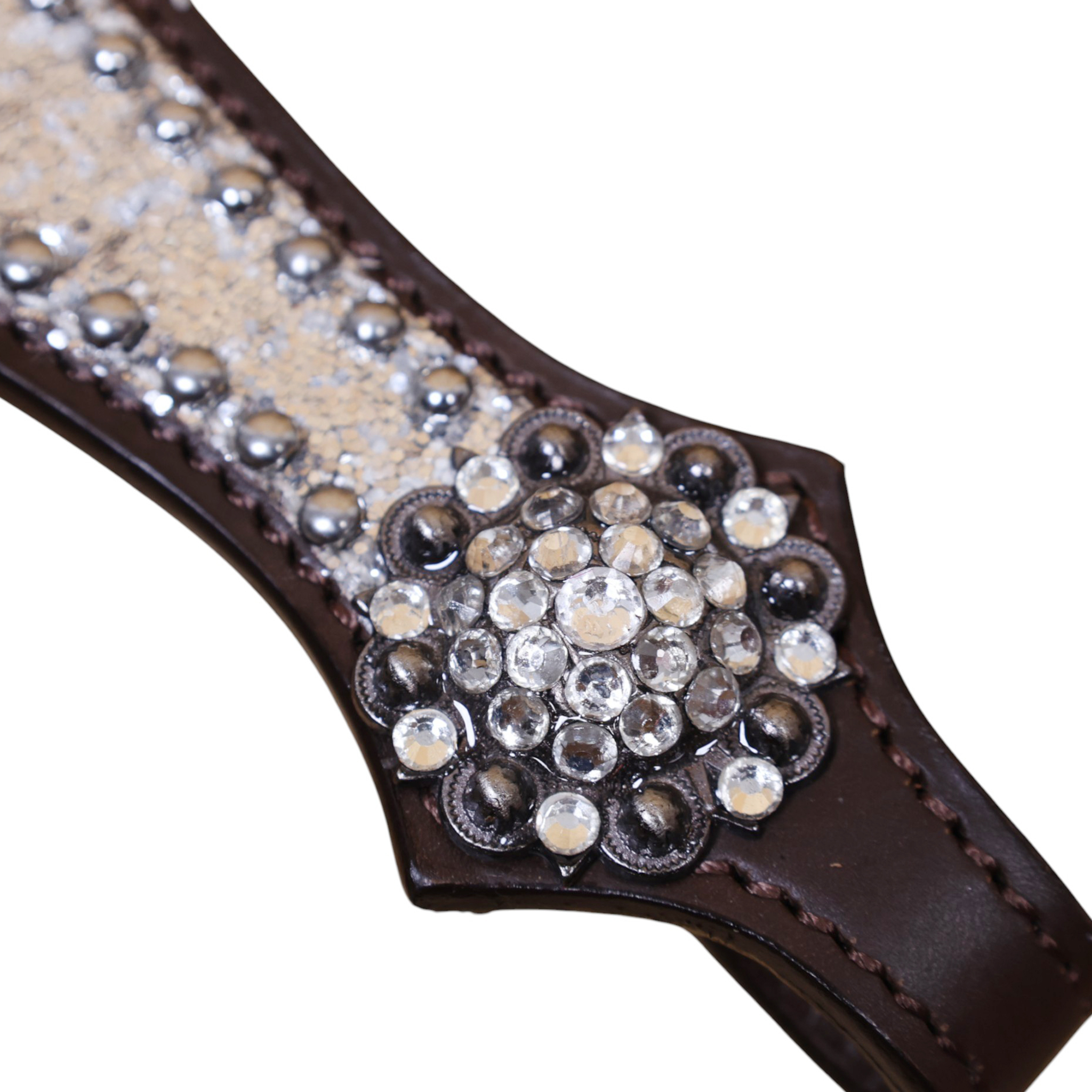Western Leather Headstall and Breast Collar Set with Silver Glitter Big Chunk Sparkles with Bling Rhinestone Conchos (HSBM 114535) - Image 7