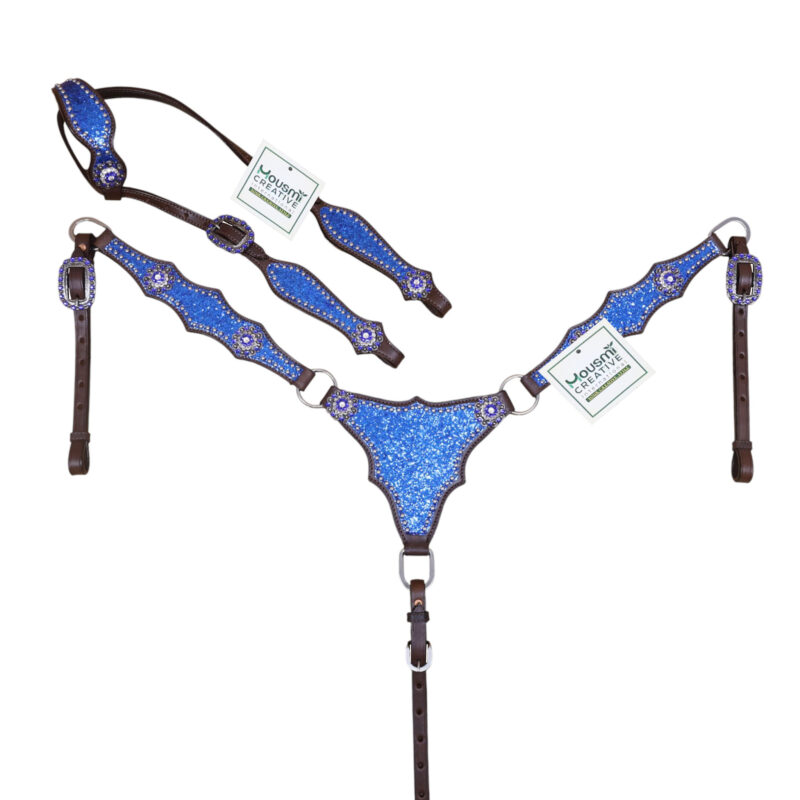 Western Headstall Set with Royal Blue Glitter Big Chunk Sparkles with Bling Rhinestone Conchos (HSBM114536)