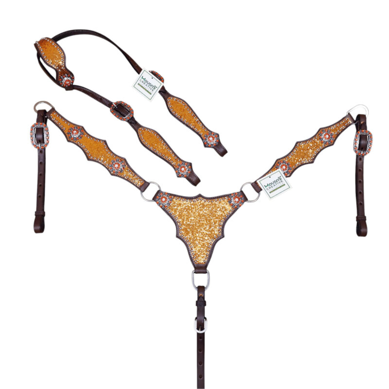 Headstall and Breast Collar Set with Orange Glitter Big Chunk Sparkles and Bling Rhinestone Conchos (HSBM 114537)