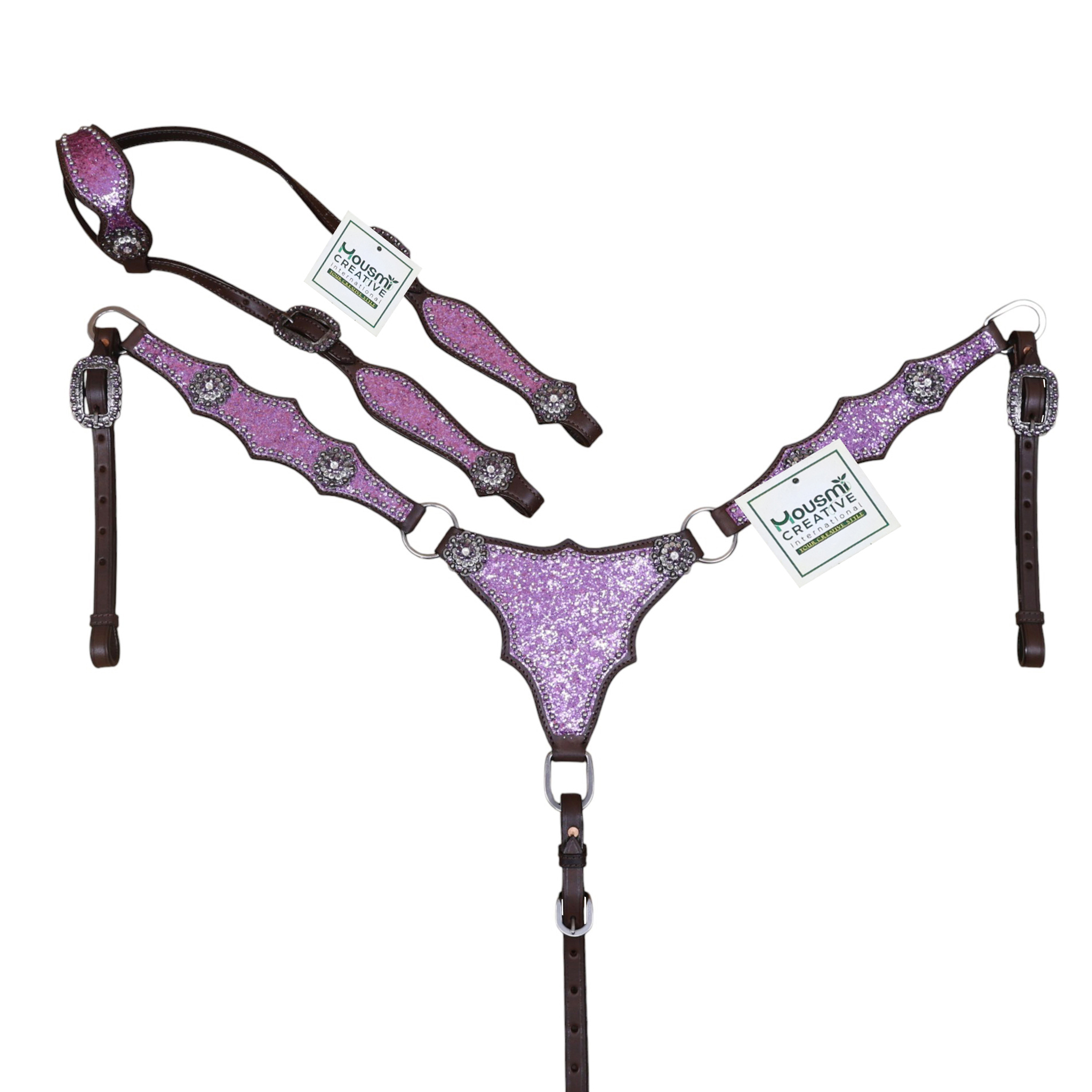 Western Leather Light Purple Tack Set with Lilac Glitter Big Chunk sparkles and Bling rhinestone conchos (HSBM 114538)