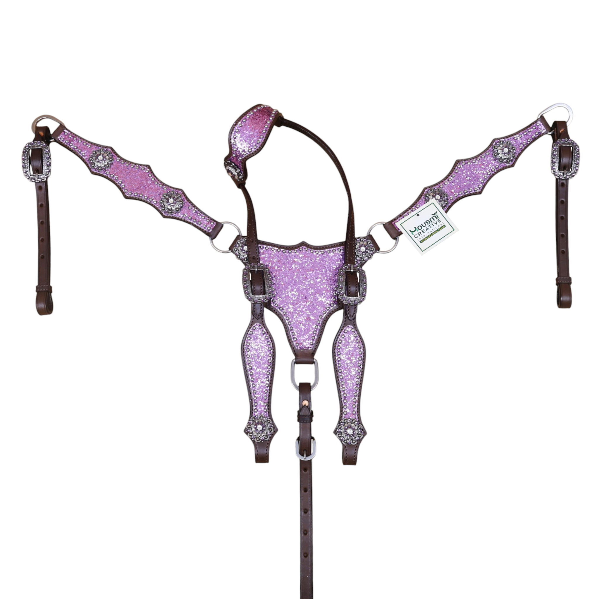 Western Leather Light Purple Tack Set with Lilac Glitter Big Chunk sparkles and Bling rhinestone conchos (HSBM 114538) - Image 10