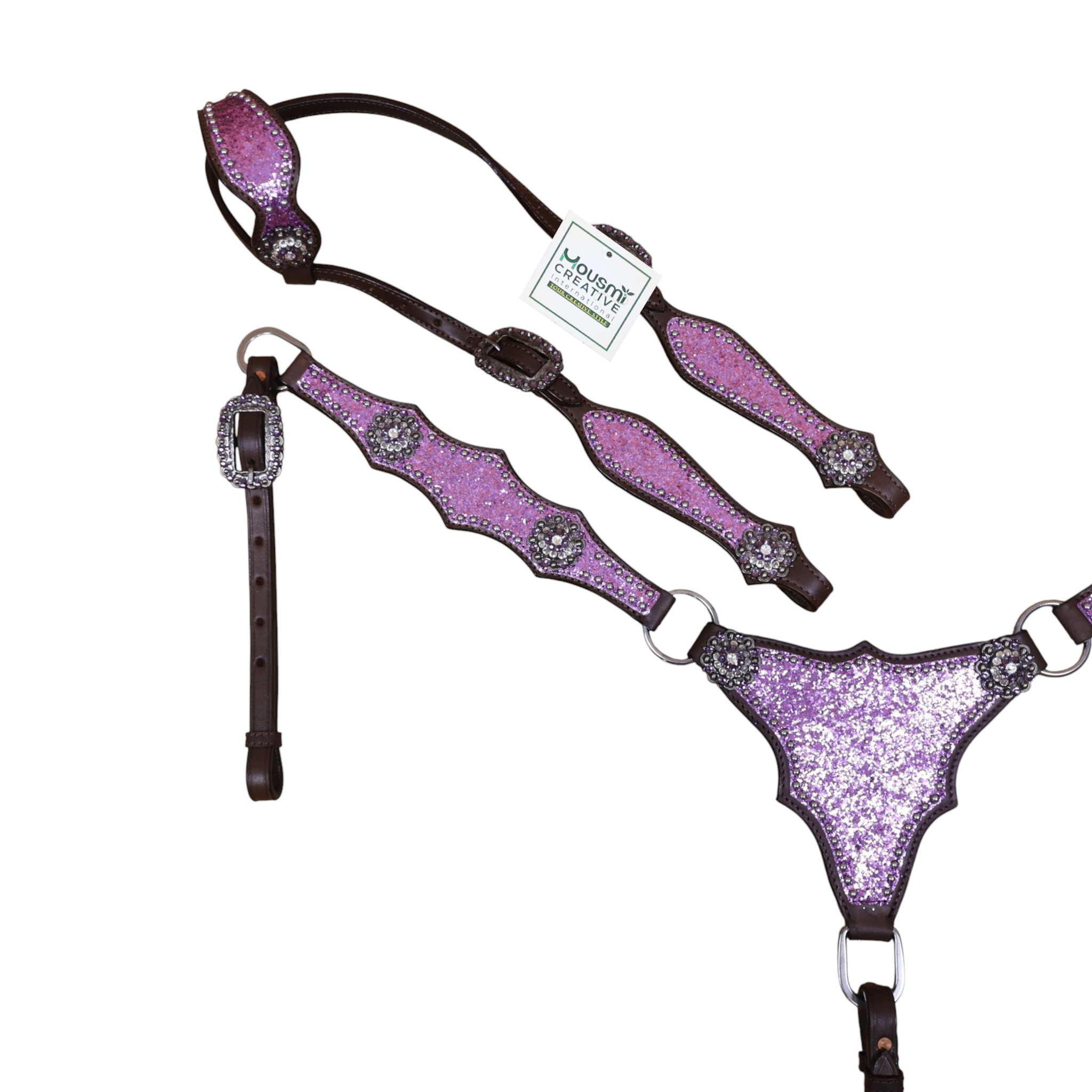 Western Leather Light Purple Tack Set with Lilac Glitter Big Chunk sparkles and Bling rhinestone conchos (HSBM 114538) - Image 2