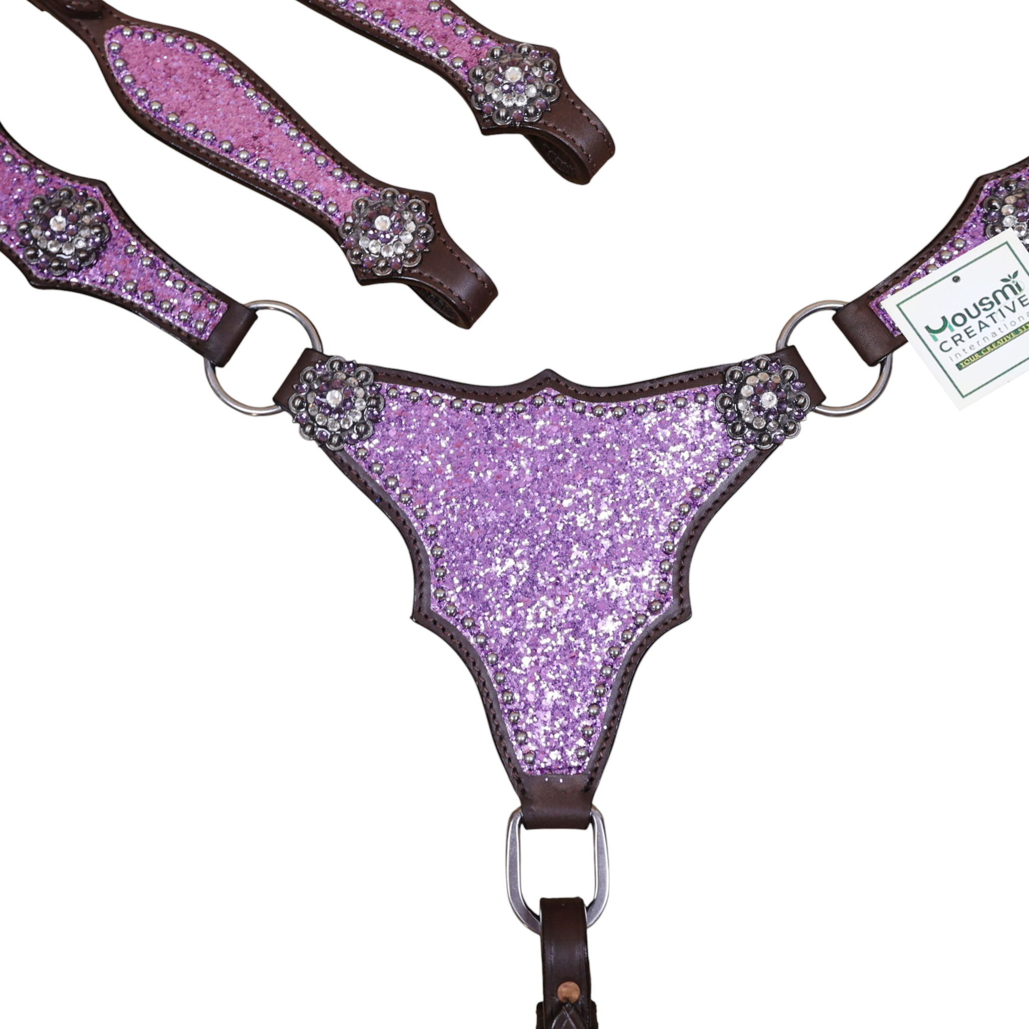 Western Leather Light Purple Tack Set with Lilac Glitter Big Chunk sparkles and Bling rhinestone conchos (HSBM 114538) - Image 3
