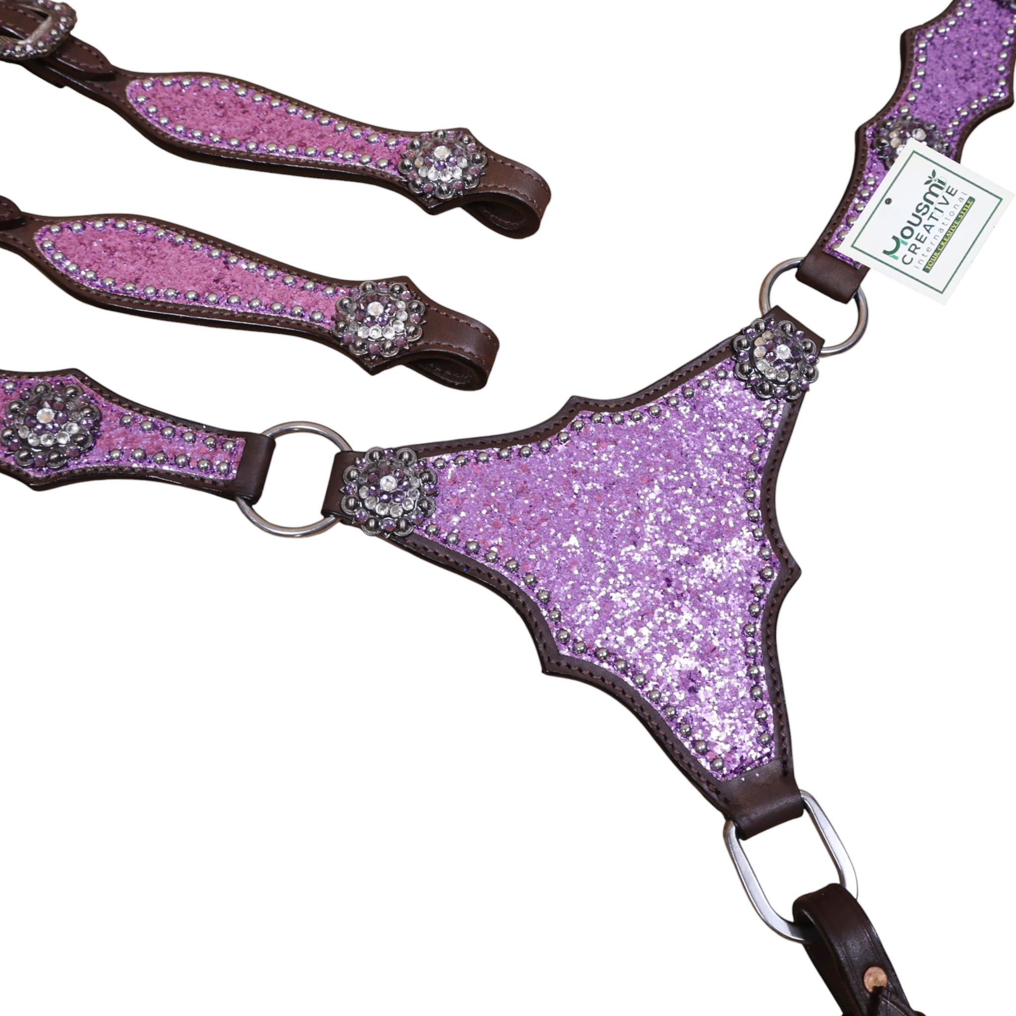 Western Leather Light Purple Tack Set with Lilac Glitter Big Chunk sparkles and Bling rhinestone conchos (HSBM 114538) - Image 4