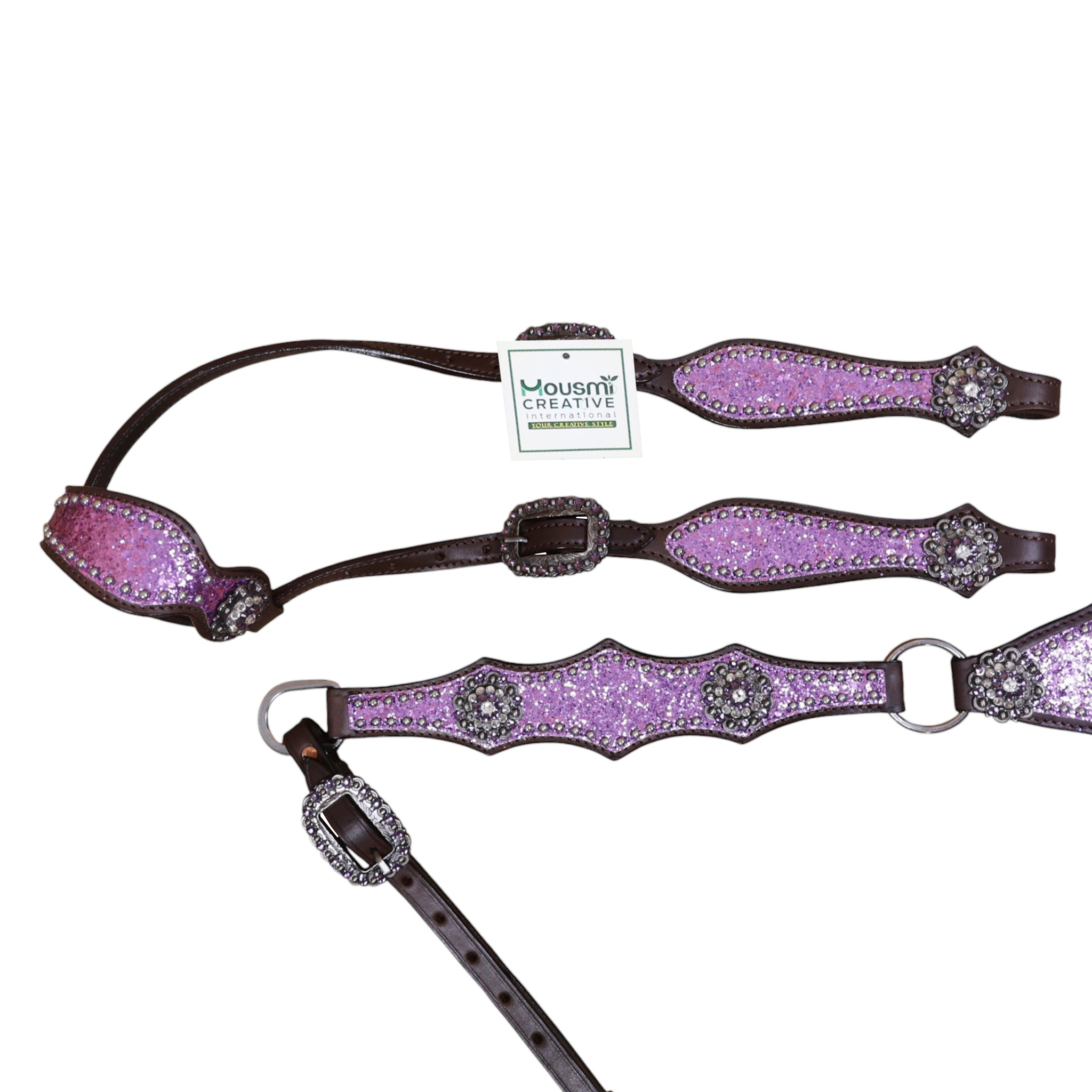 Western Leather Light Purple Tack Set with Lilac Glitter Big Chunk sparkles and Bling rhinestone conchos (HSBM 114538) - Image 5