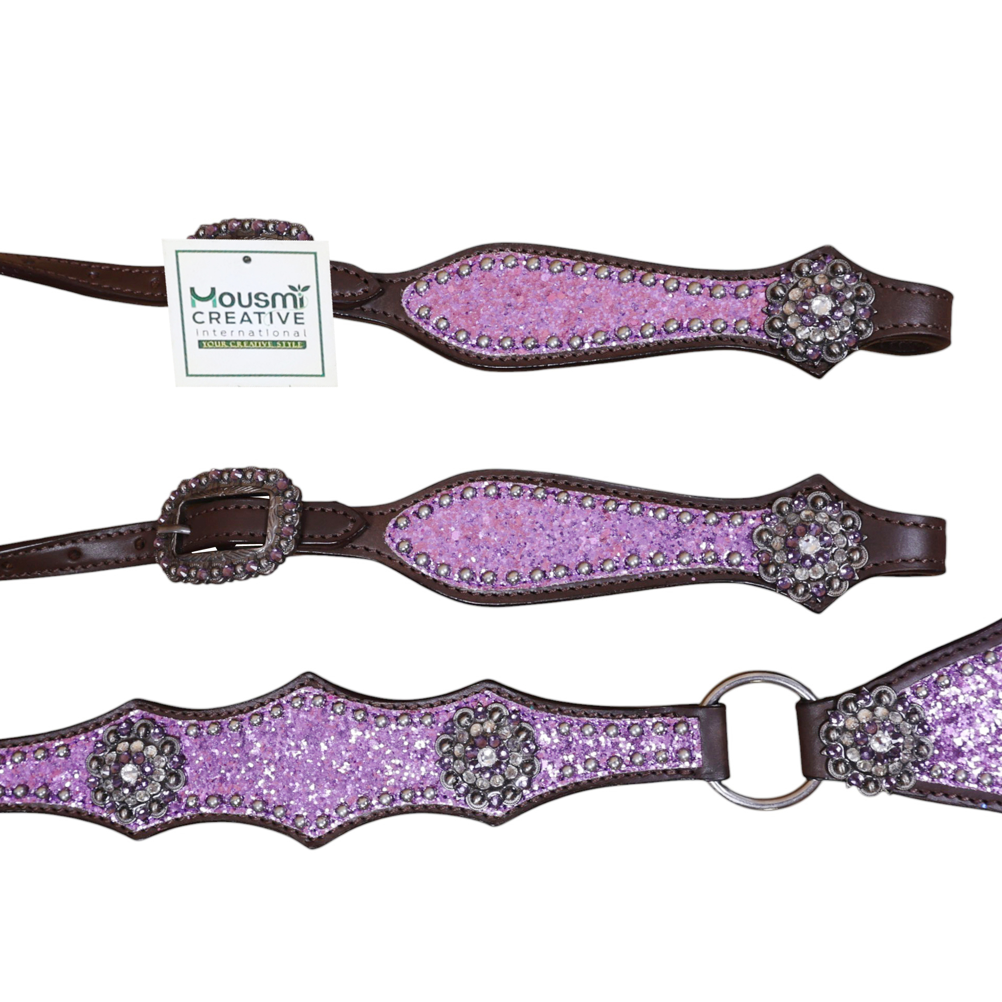 Western Leather Light Purple Tack Set with Lilac Glitter Big Chunk sparkles and Bling rhinestone conchos (HSBM 114538) - Image 6
